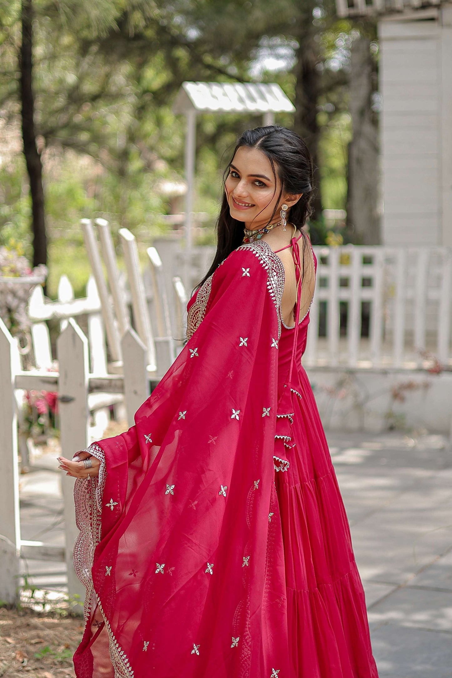 Pink Premium Faux Georgette Designer Gown with Sequined Dupatta  Fully Flaired Ready-to-Wear Set