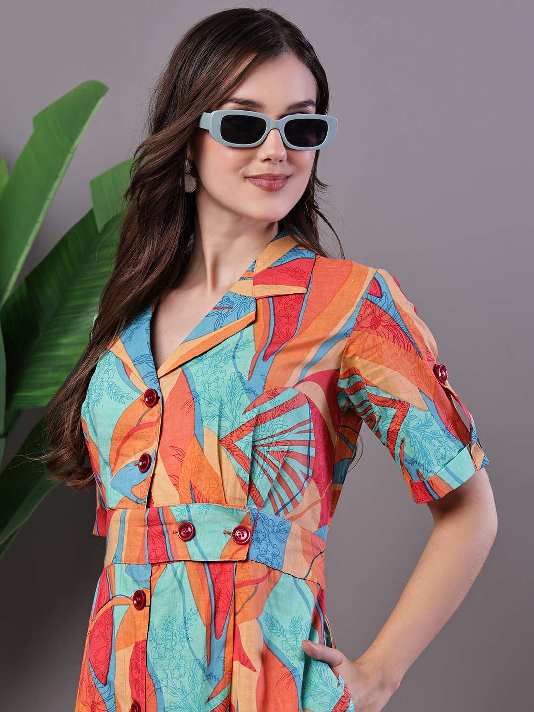 Women's Tropical Print Button-Down Cotton Midi Dress
