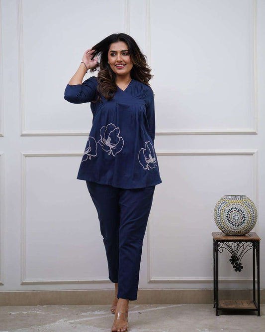 Women's Cotton Rose Printed Short Anarkali Kurta with Pant Western wear Cord Set