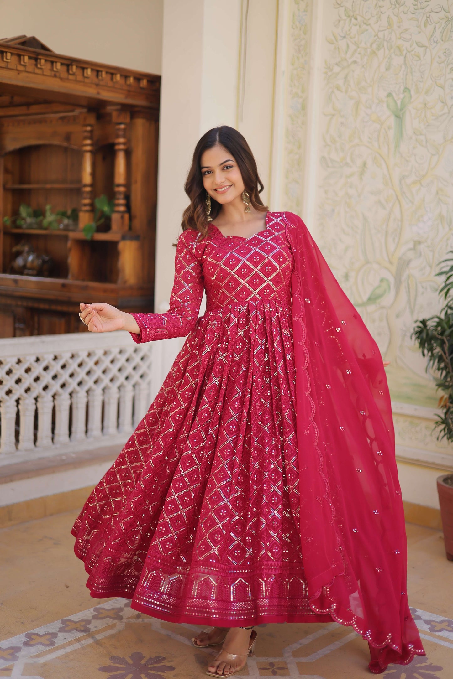 Rani Faux Blooming Designer Gown with Sequined Dupatta  Elegant Fully Flared Party & Wedding Set