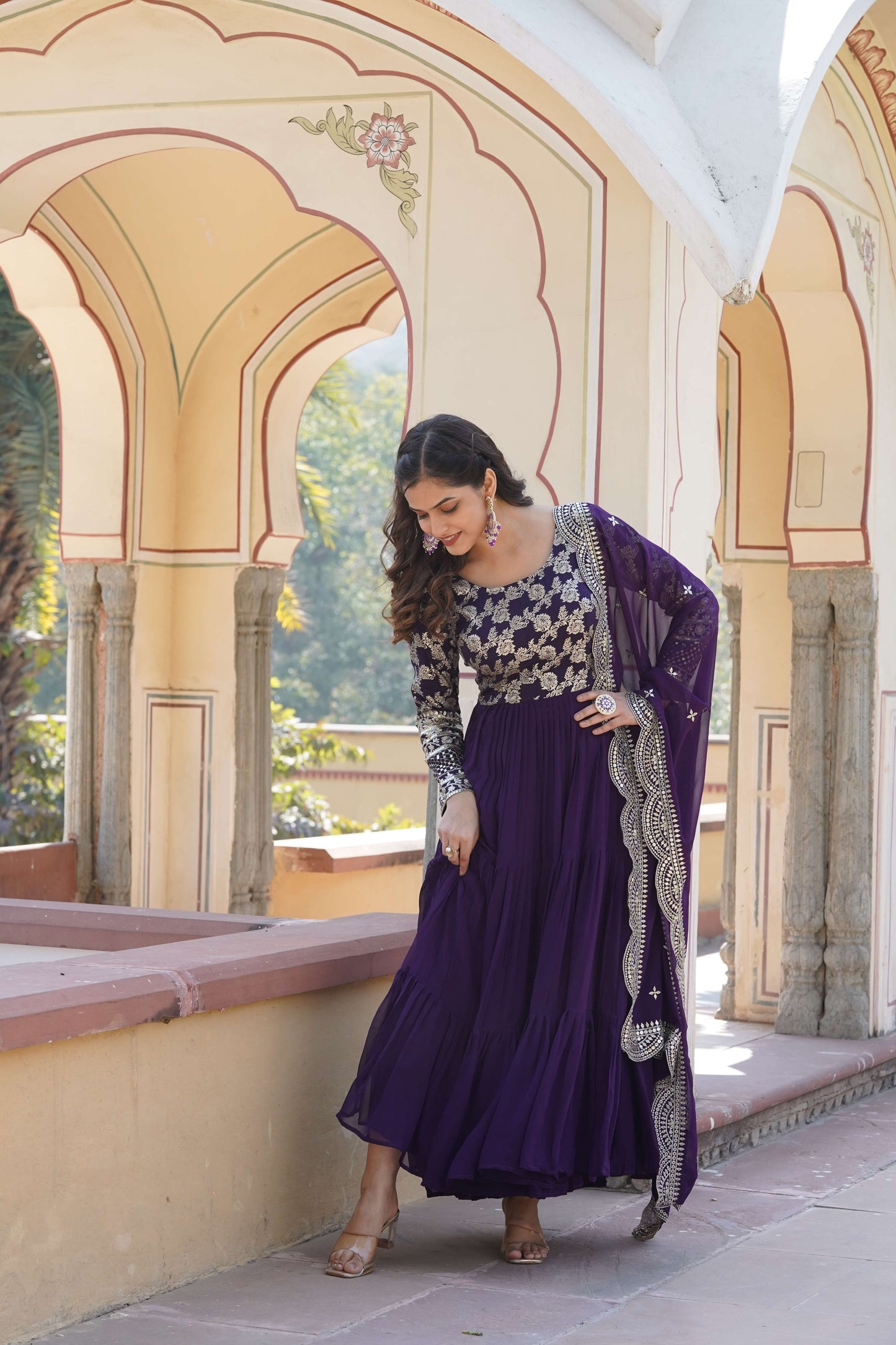 Purple Faux Blooming Designer Gown with Sequined Dupatta  Elegant Fully Flared Ready-to-Wear Set