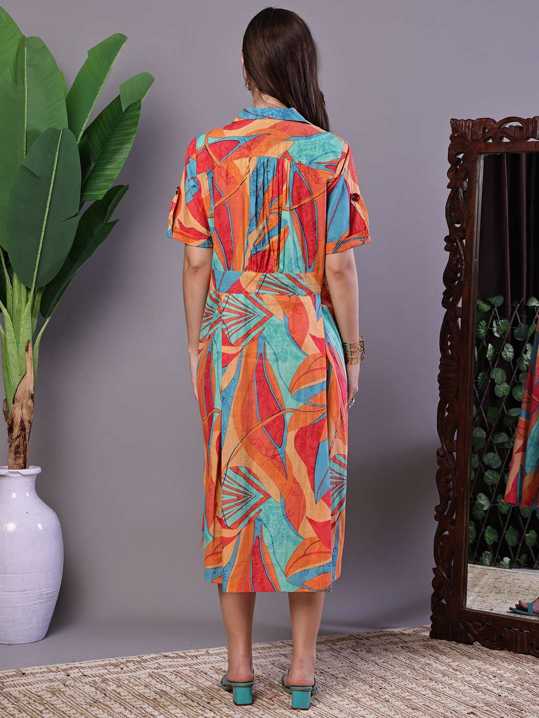 Women's Tropical Print Button-Down Cotton Midi Dress