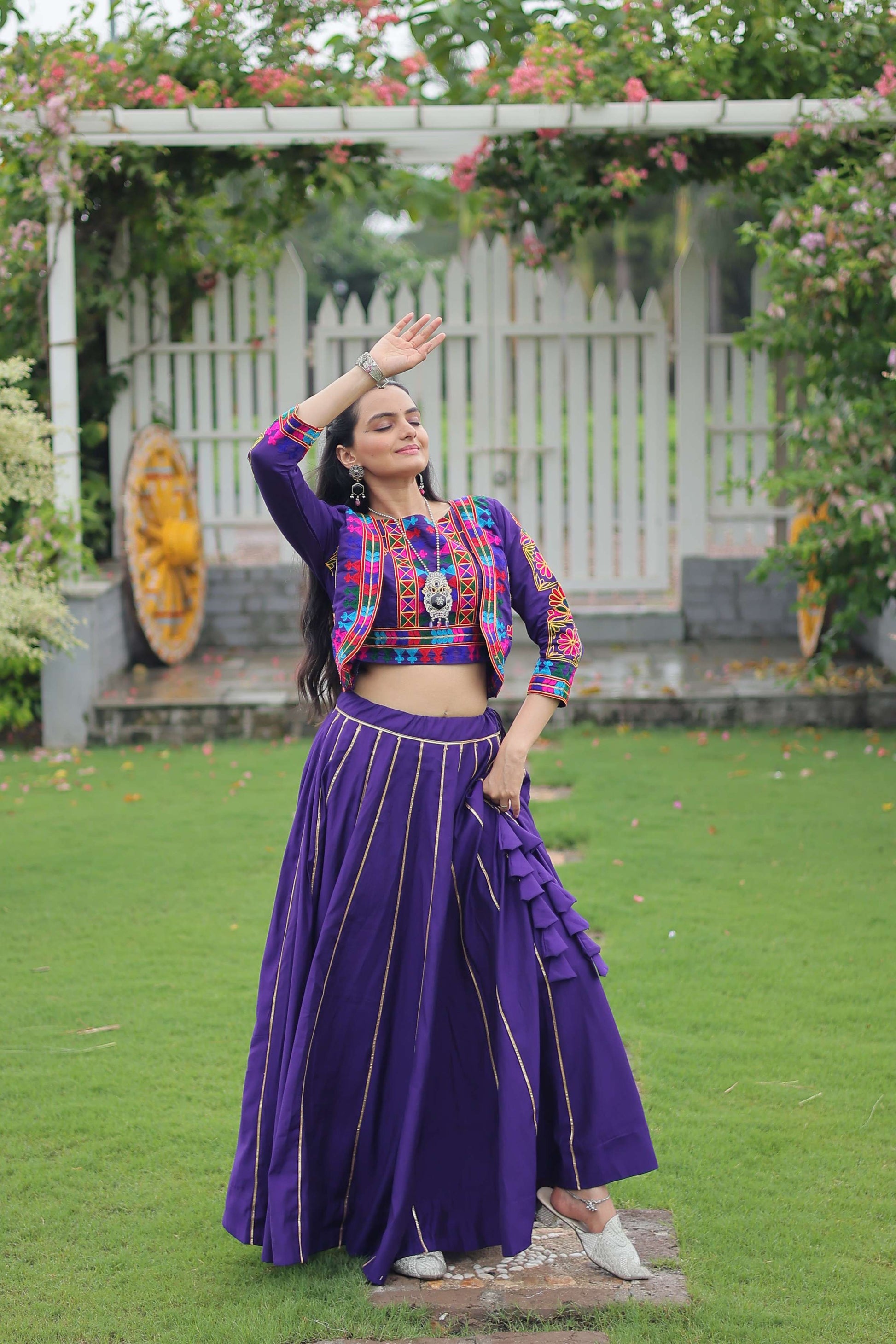 Vibrant Roman Fabric Navratri Lehenga Choli Set with Koti Blouse