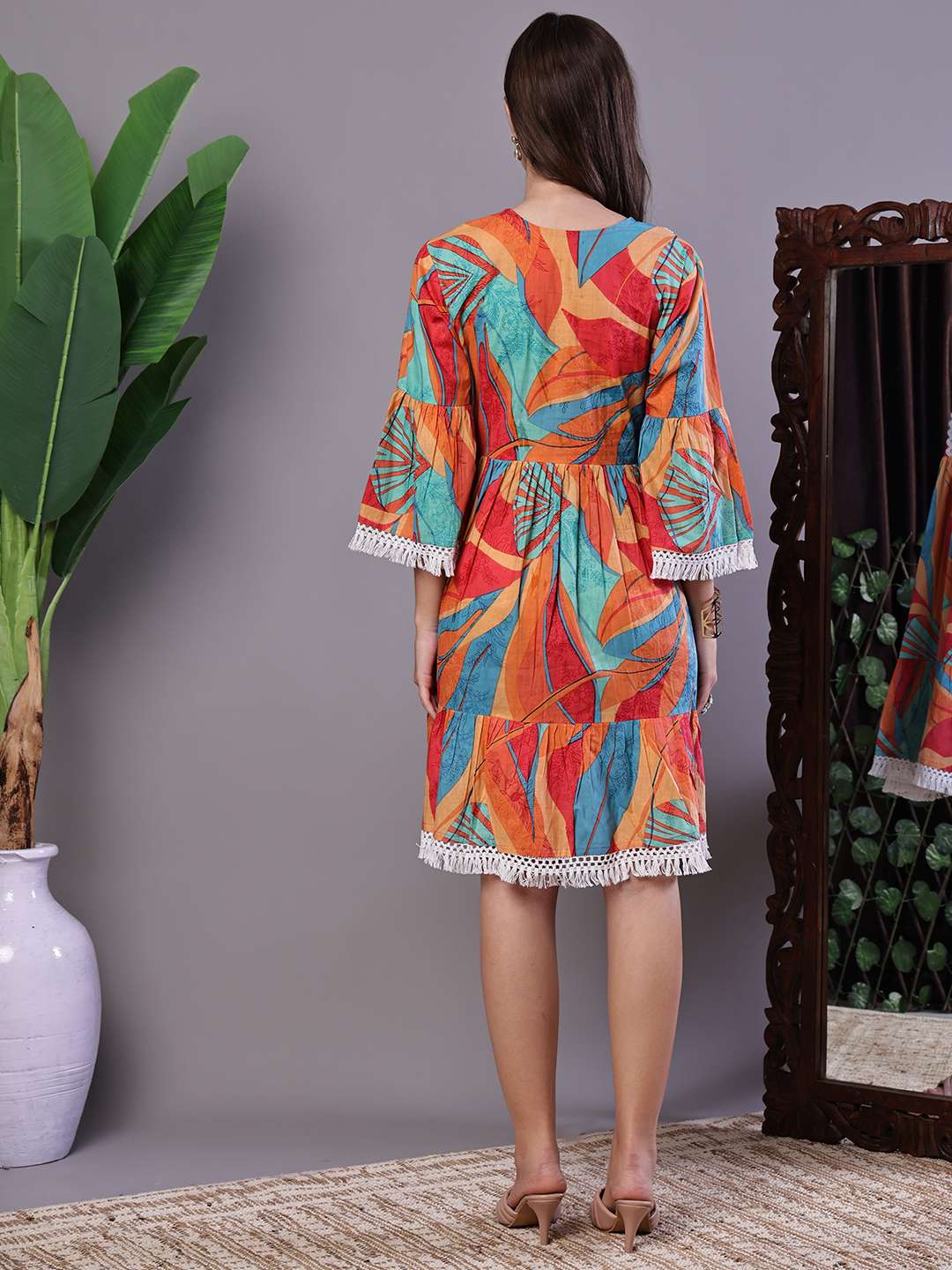 Wome's Vibrant Print Cotton Tunic Dress with Crochet Lace & Three-Quarter Sleeves Midi Dresses