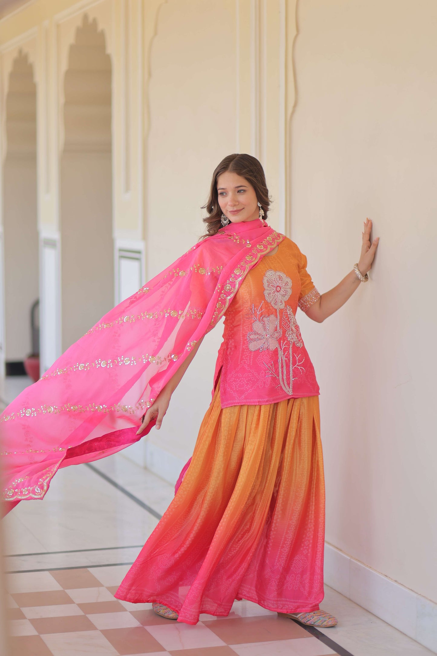 Pink Premium Designer Chinnon Print Top-Sharara-Dupatta Set with Bead & Zari Work – Elegant Ethnic Wear for Women