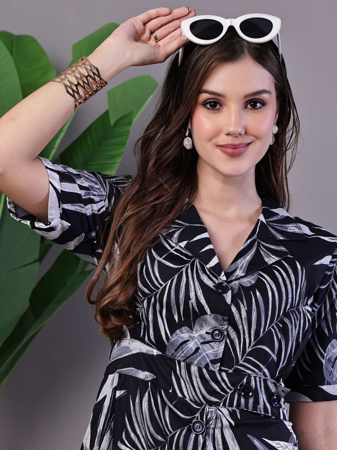 Women's Tropical Palm Print Black & White Cotton Shirt Dress
