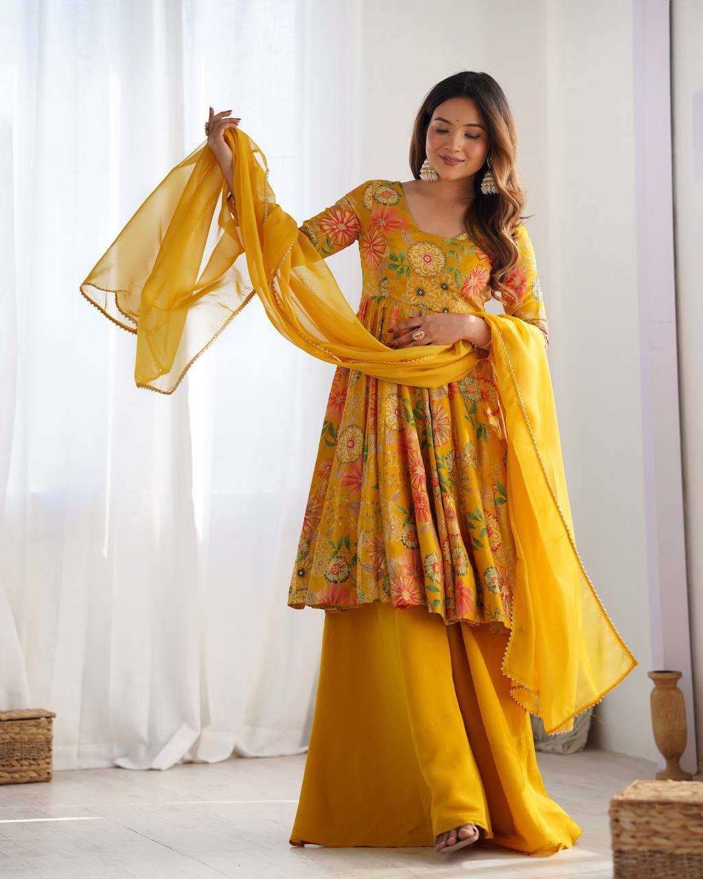 Women's Pure Romansilk Chanderi Printed Anarkali Kurti With Palazzo & Dupatta Set