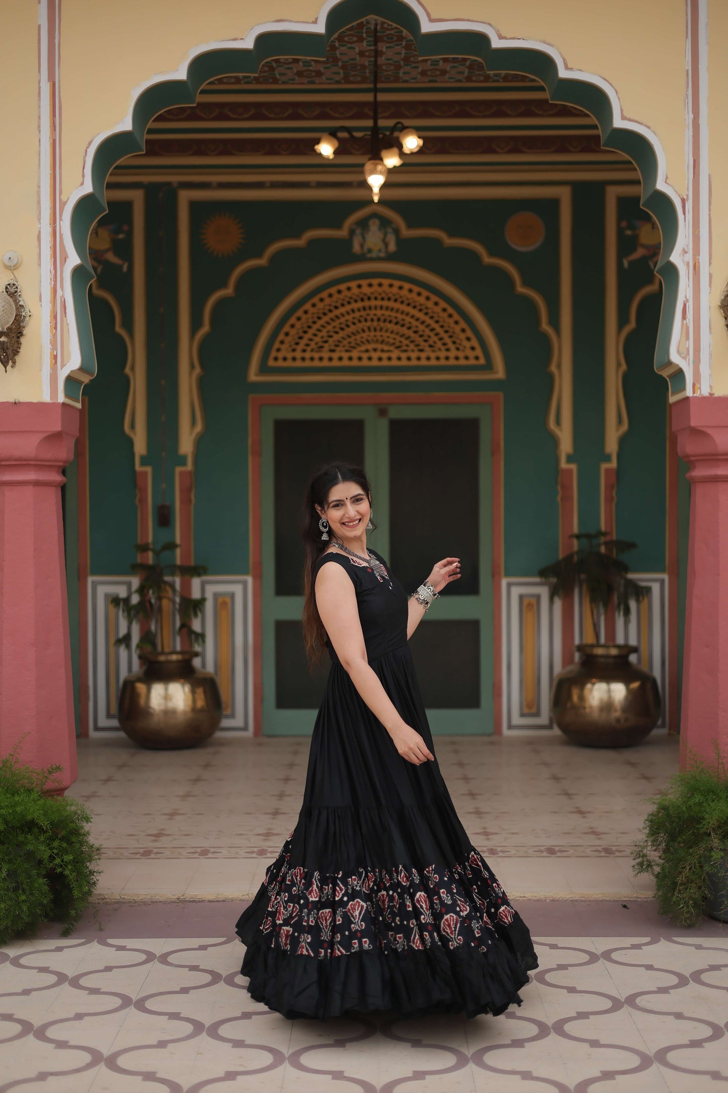 Black Designer Heavy Reyon Gown with Printed Frill & Fancy V-Neck