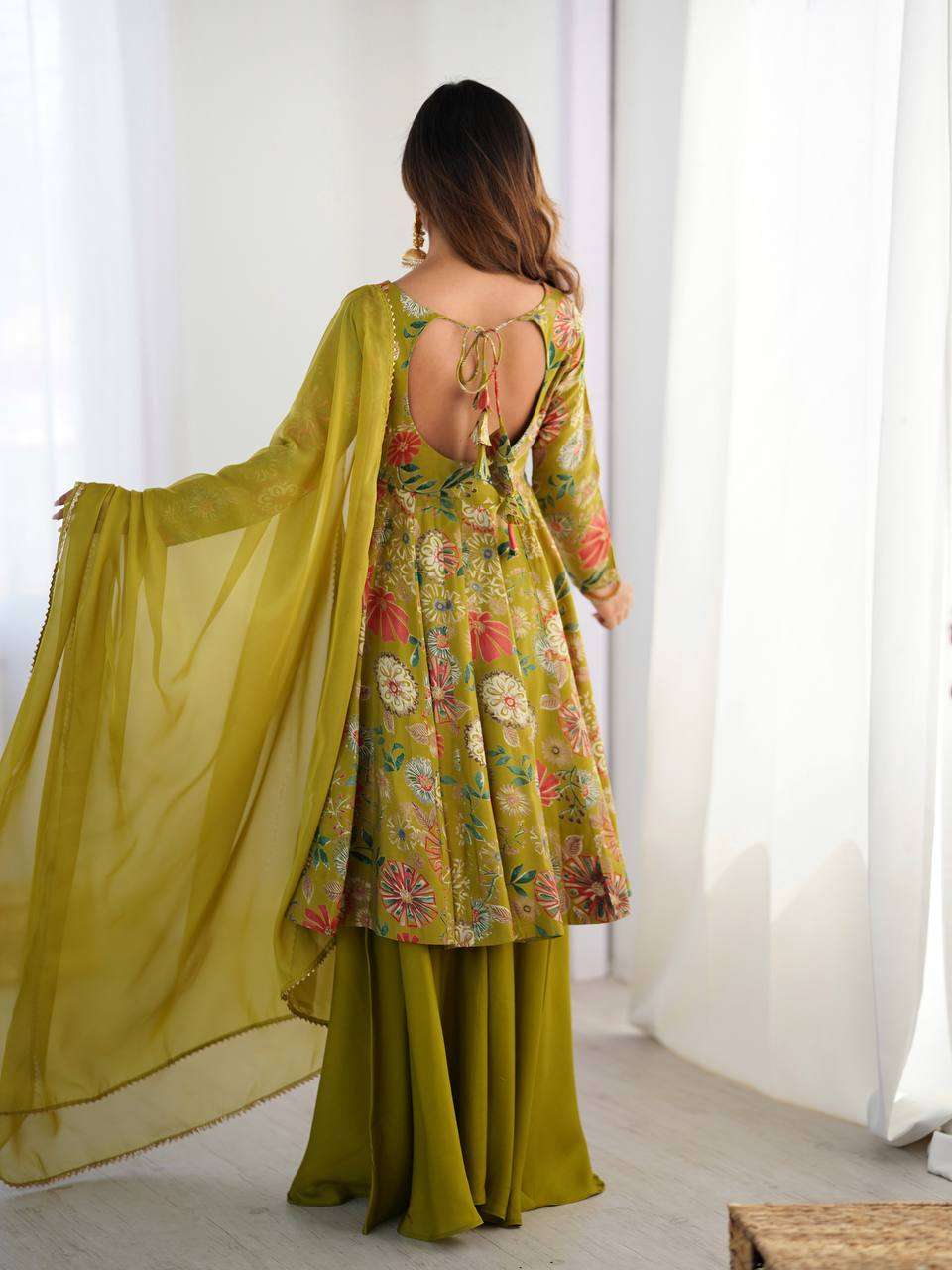 Women's Pure Romansilk Chanderi Printed Anarkali Kurti With Palazzo & Dupatta Set