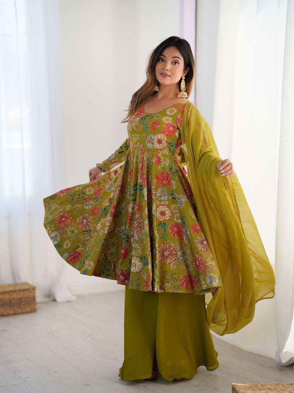 Women's Pure Romansilk Chanderi Printed Anarkali Kurti With Palazzo & Dupatta Set