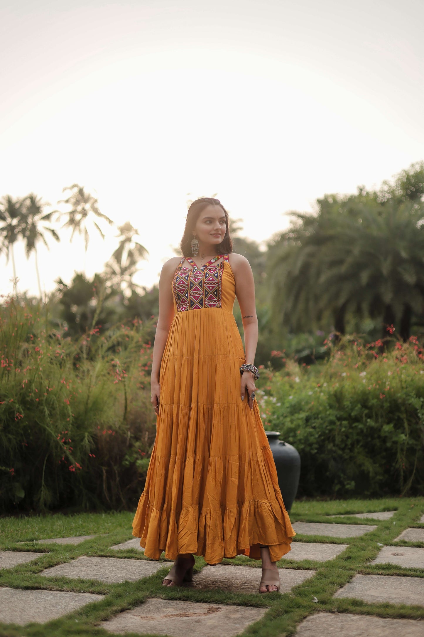 Yellow Navratri Reyon Gown with Kutchi Gamthi Work  Fully Flared Designer Dress