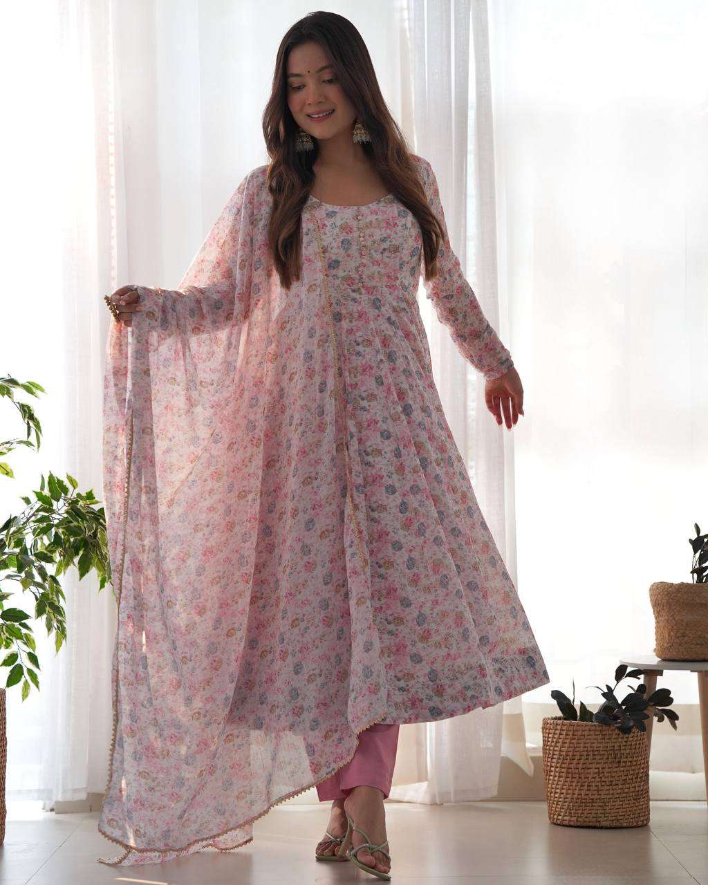 Womens Crunchy Silk Anarkali Kurti with Pant & Dupatta Set