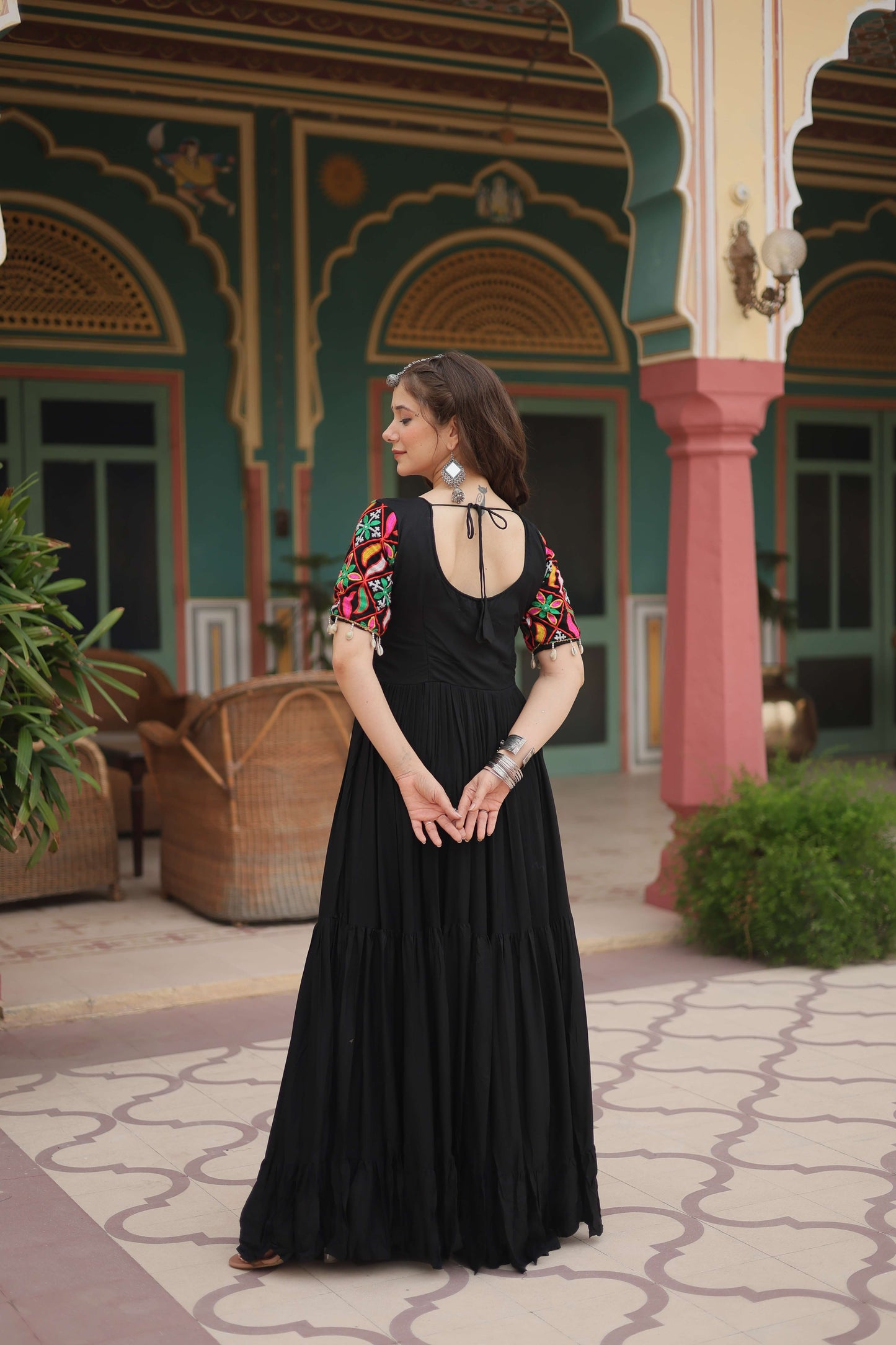 Black Elegant Kutchi Gamthi Work Reyon Gown with Heavy Flair