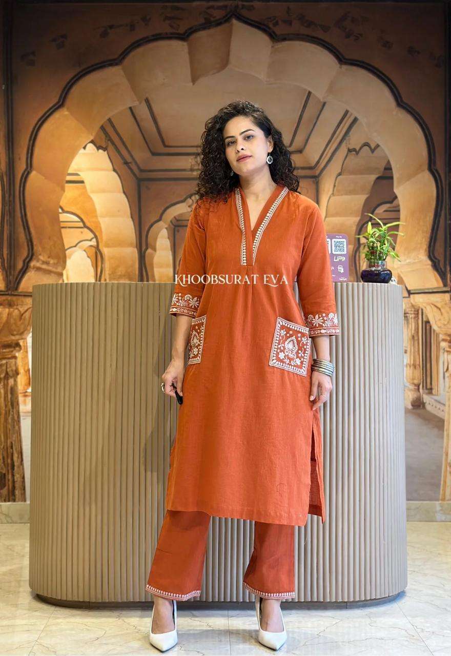 Women's Cotton Embroidery Straight Kurti With Pant Set