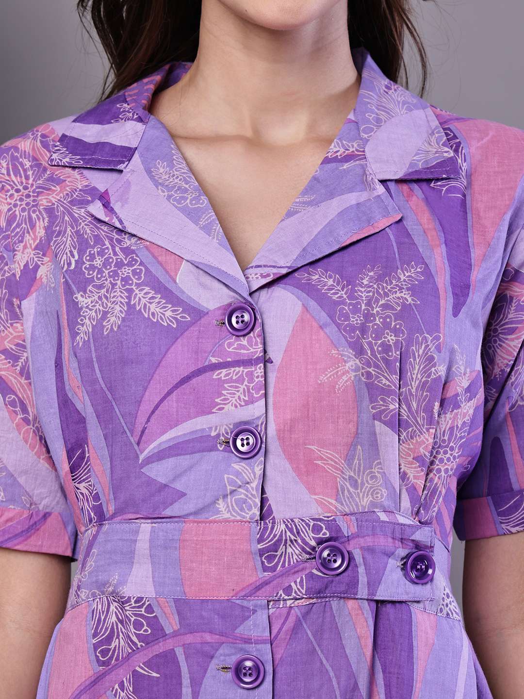 Women's Purple Abstract Print Cotton Shirt Dress