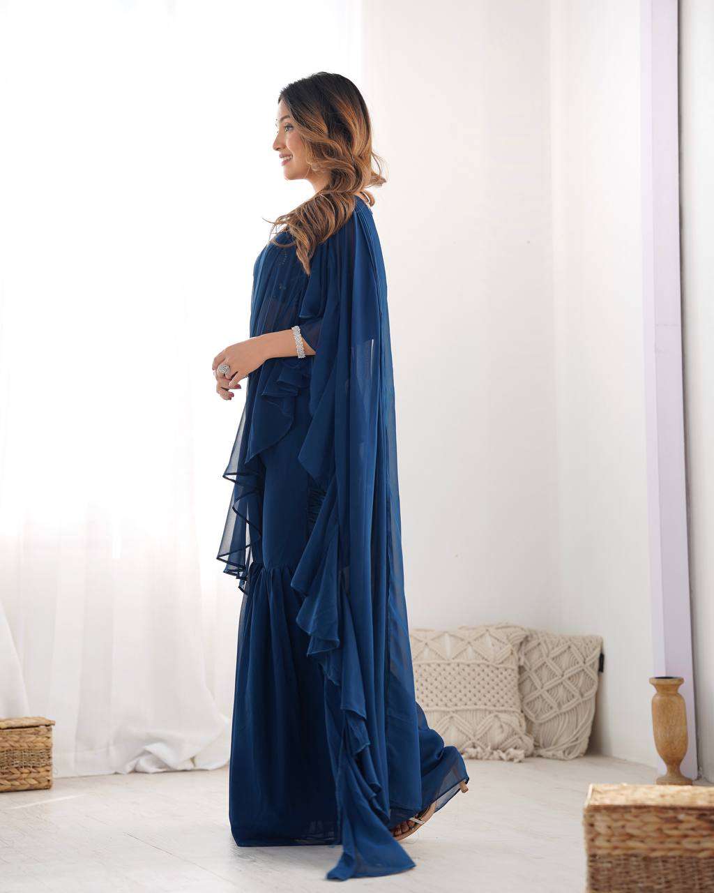 Women's Pure Romansilk Chanderi Embroidered Crop Top With Ruffled Sharara & Draped Dupatta Set