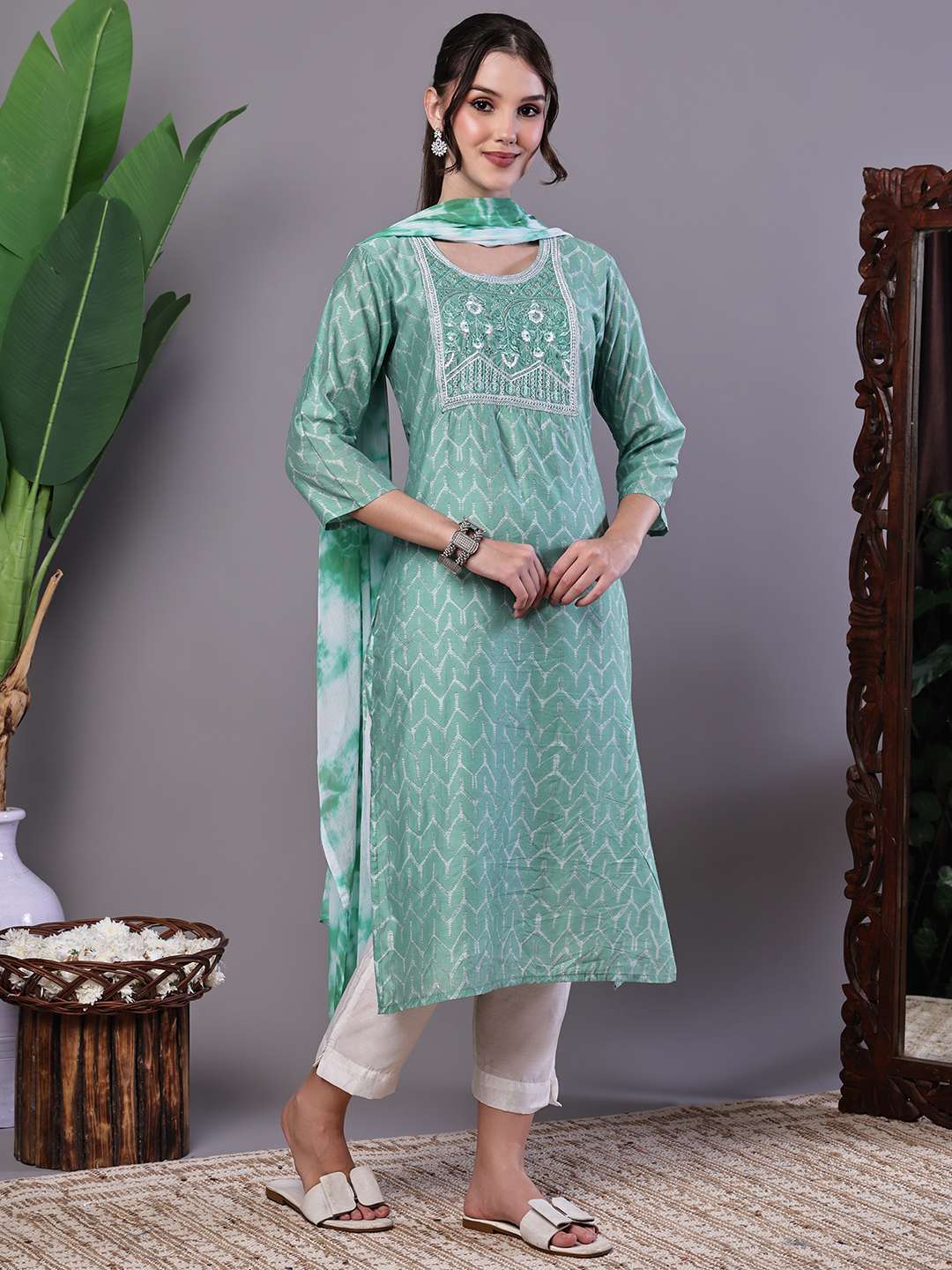 Women's Mint Green Chanderi Embroidered Kurta Set with Dupatta Suit Sets