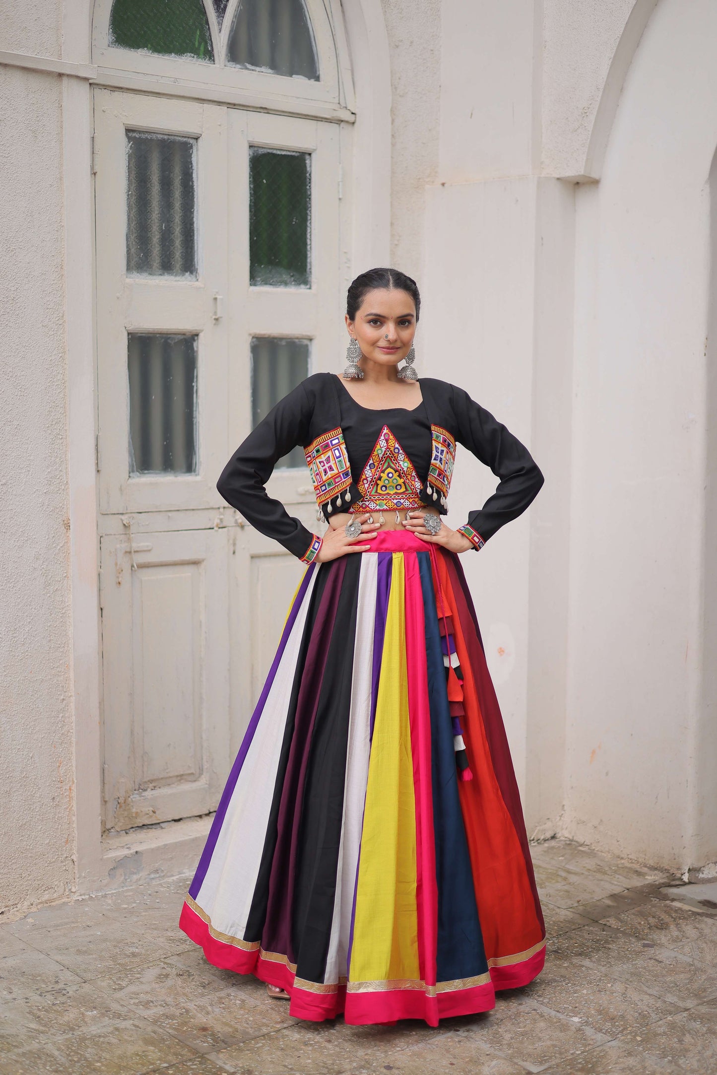 Multicolor Roman Fabric Navratri Lehenga Choli Set with Mirror & Gota Lace