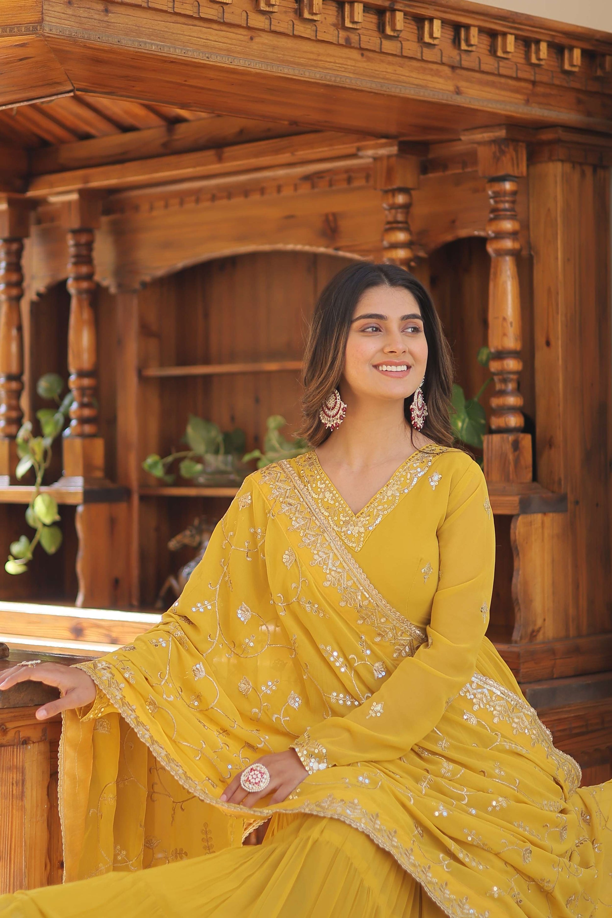 Yellow Faux Georgette Designer Gown with Sequined Dupatta  Fully Flared Elegant Party & Wedding Set