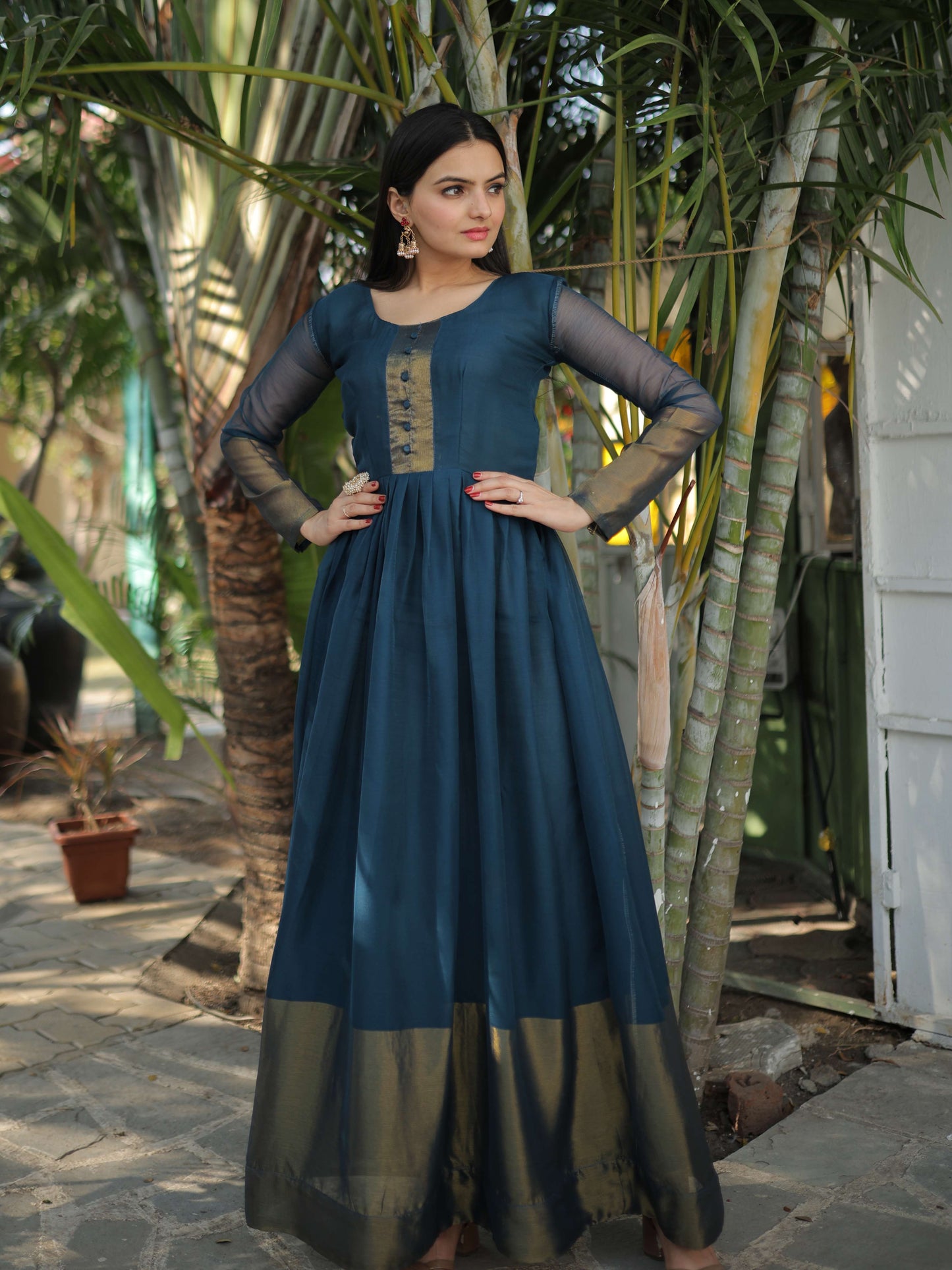 Rama Elegant Chiffon Designer Gown with Golden Zari Patta  Premium Ready-to-Wear Dress