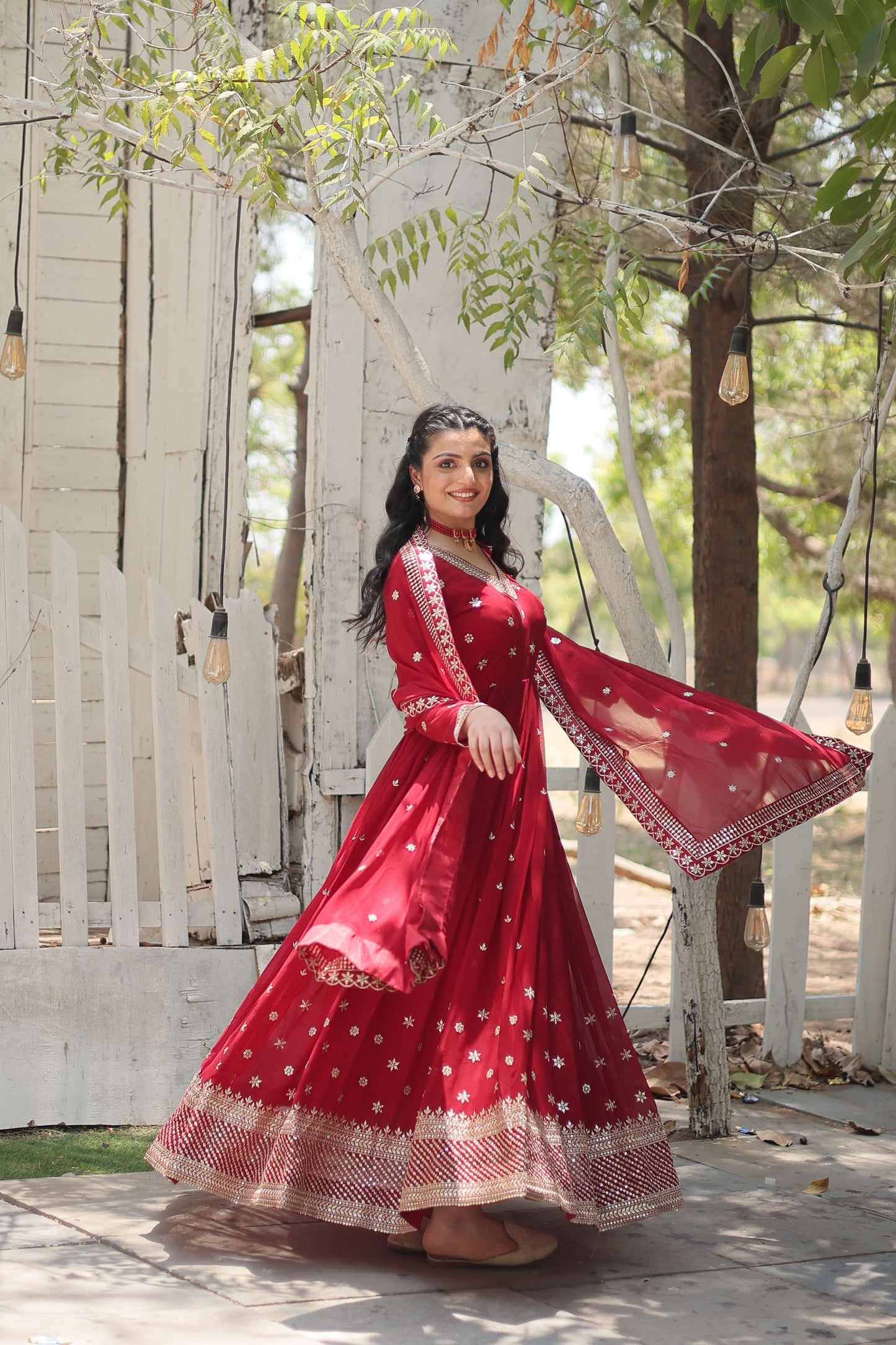 Maroon Designer Faux Blooming Anarkali Gown with Sequins Embroidered Dupatta  Wedding & Festive Wear