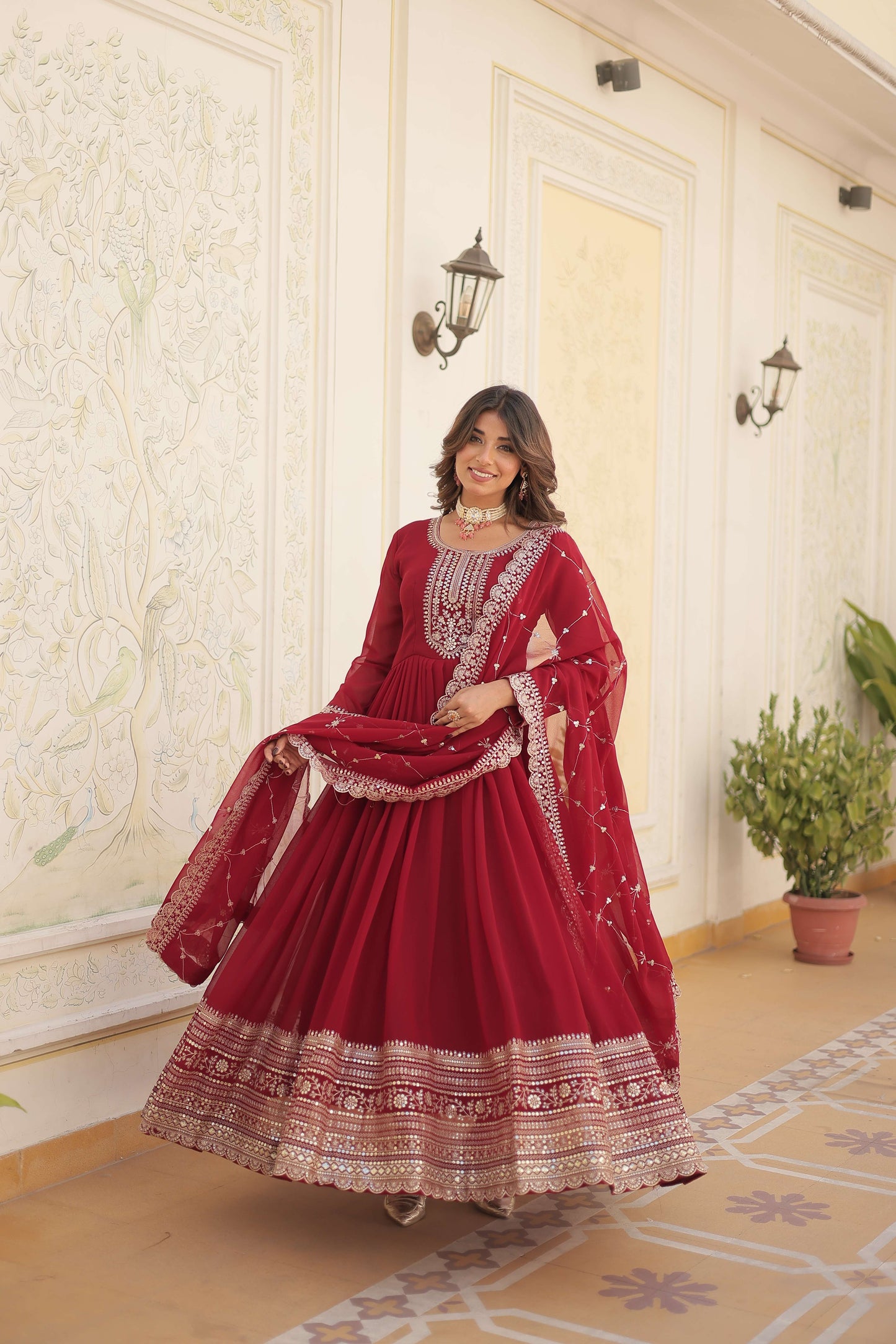 Maroon Faux Blooming Sequins Embroidered Gown with Matching Dupatta  Festive & Party Wear 2024
