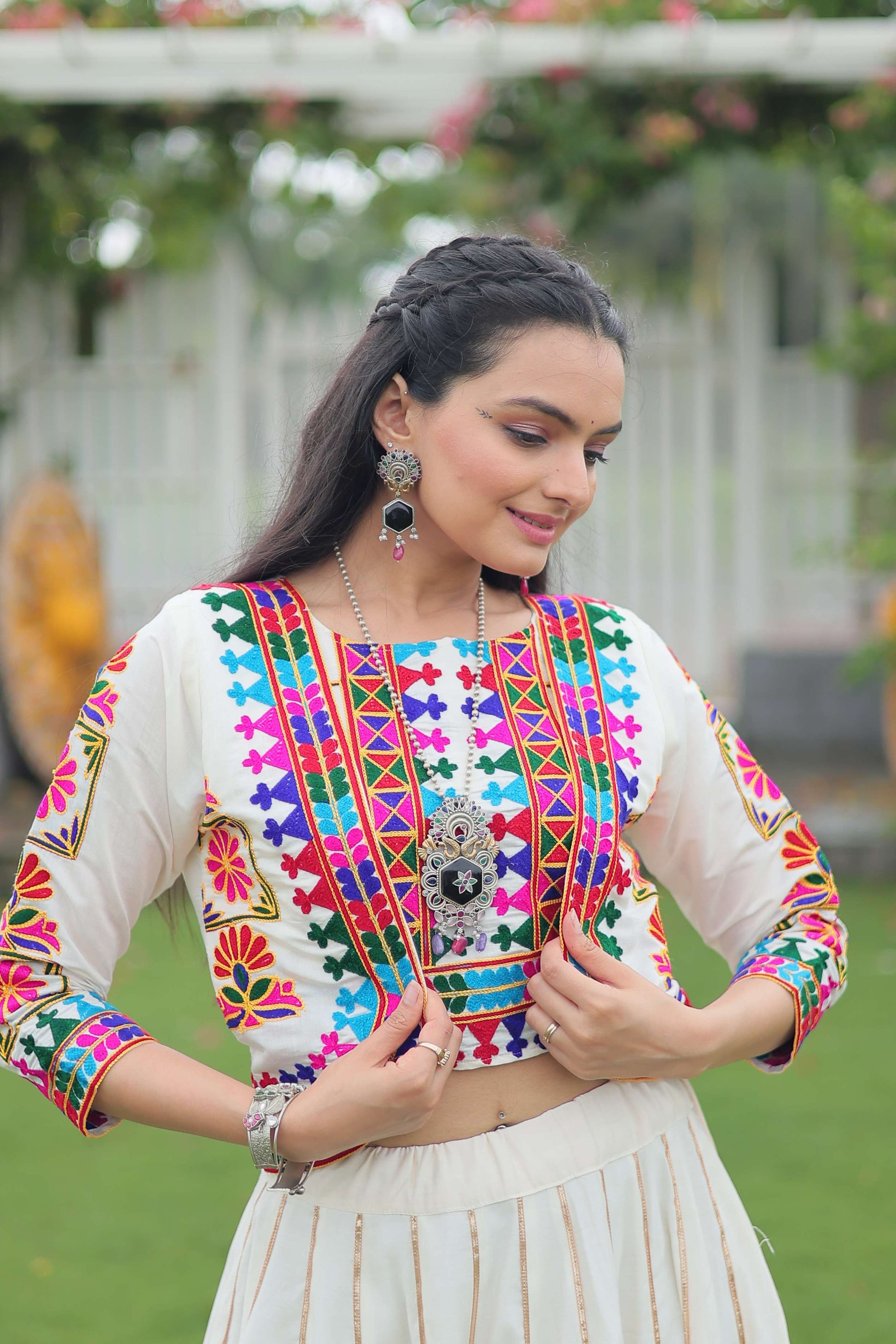 Vibrant Roman Fabric Navratri Lehenga Choli Set with Koti Blouse