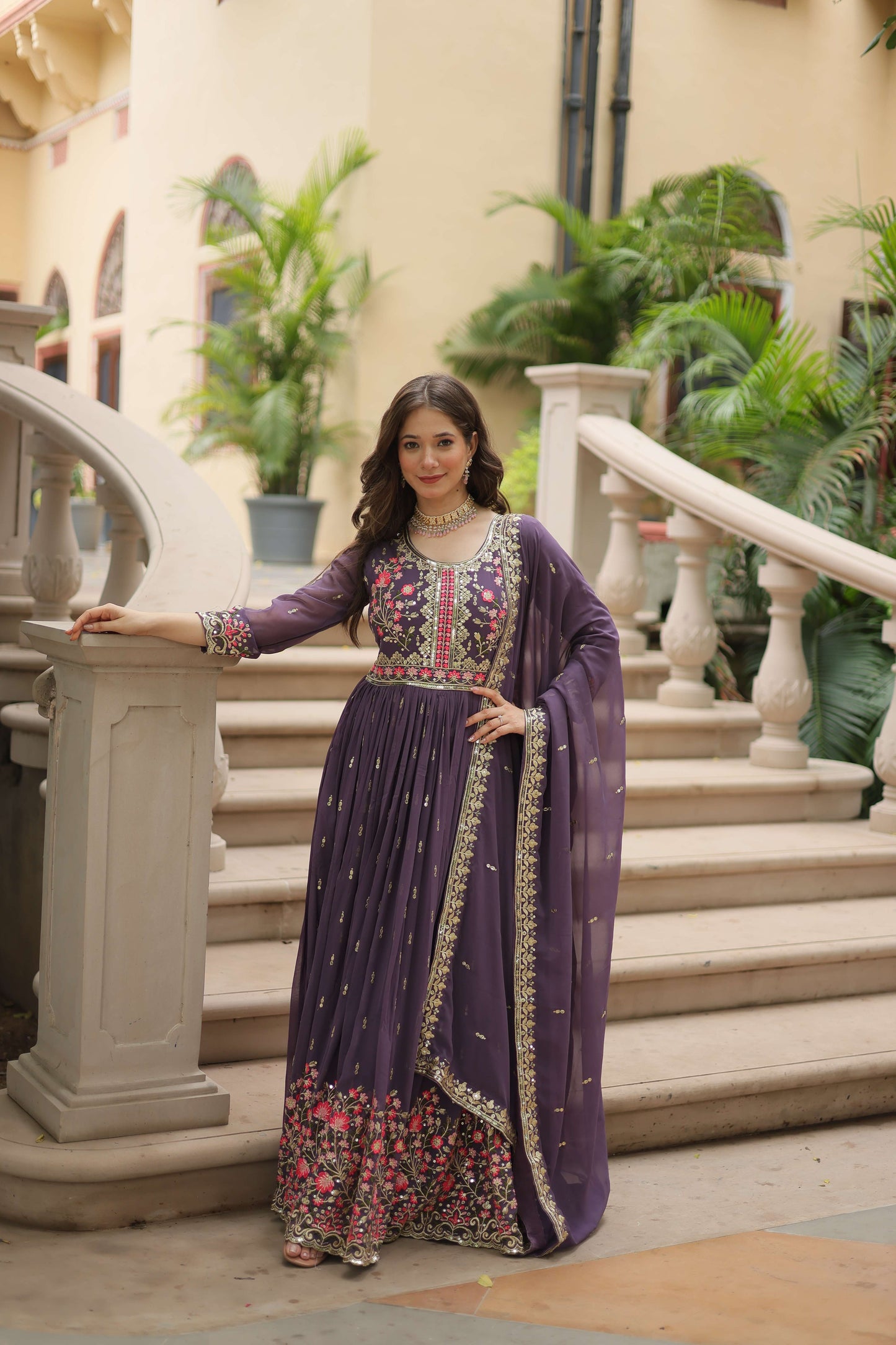 Onion Faux Georgette Sequins Embroidered Kurti with Sharara & Dupatta Set
