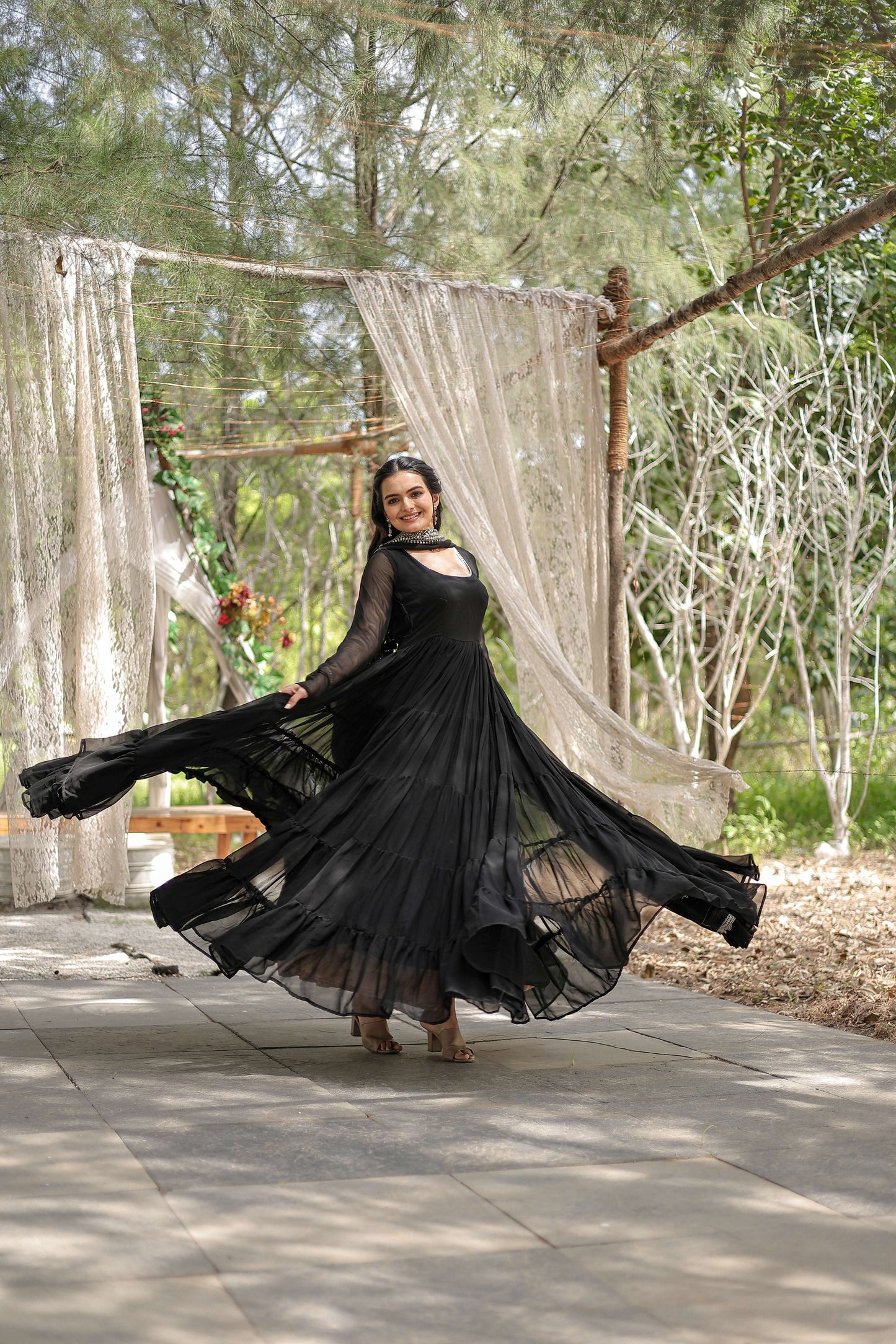Black Premium Faux Georgette Designer Gown with Sequined Dupatta  Fully Flaired Ready-to-Wear Set