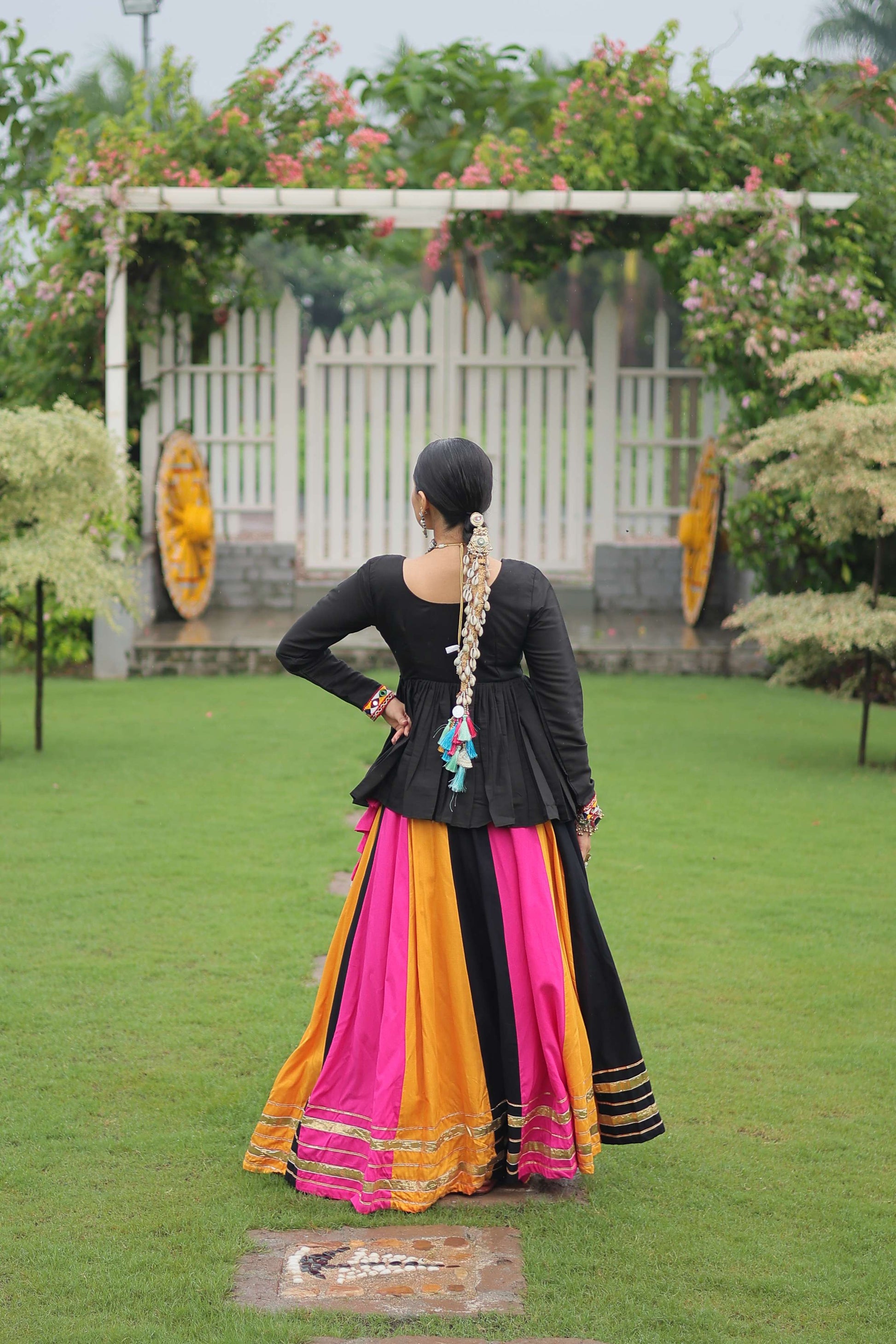Multicolor Navratri Lehenga Choli Set with Black Peplum Top