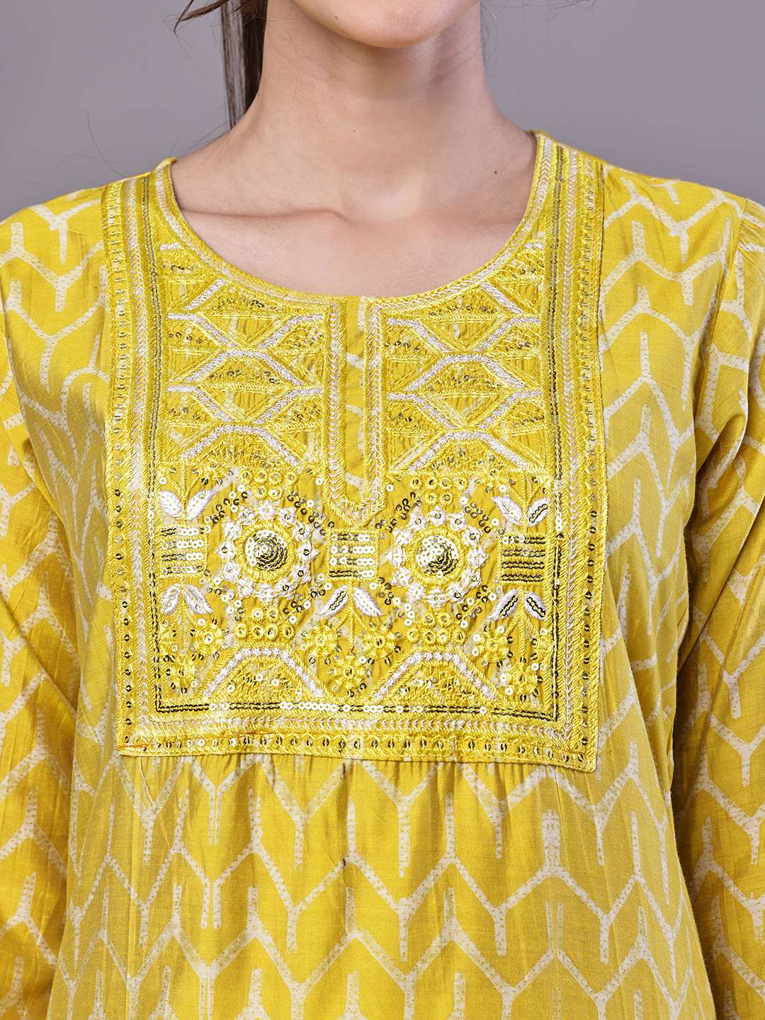 Women's Mustard Yellow Chevron Print Chanderi Kurta Set with Mirror Work Suit Sets