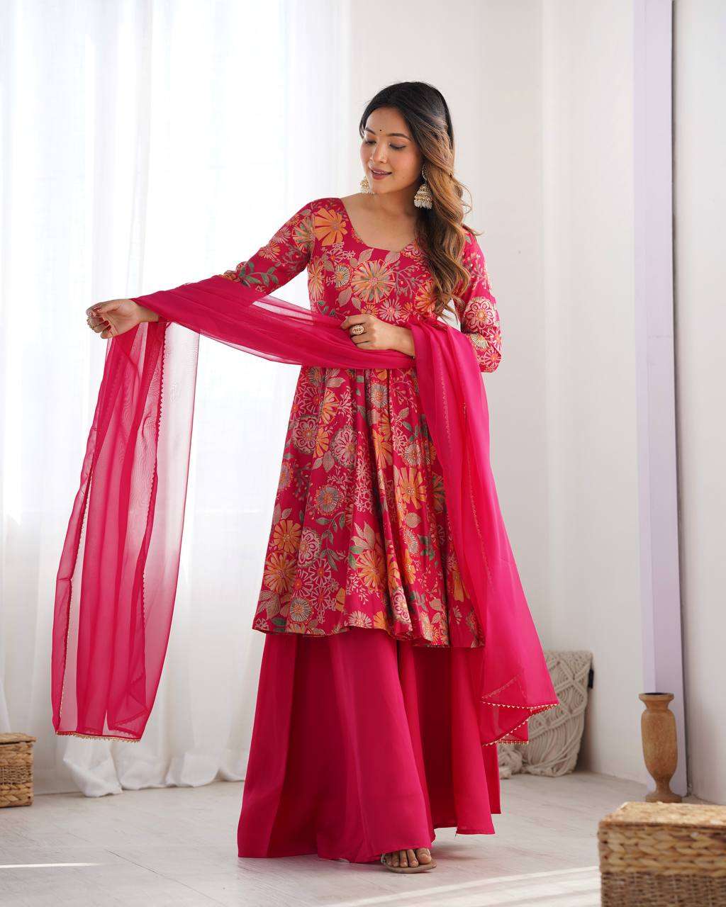Women's Pure Romansilk Chanderi Printed Anarkali Kurti With Palazzo & Dupatta Set
