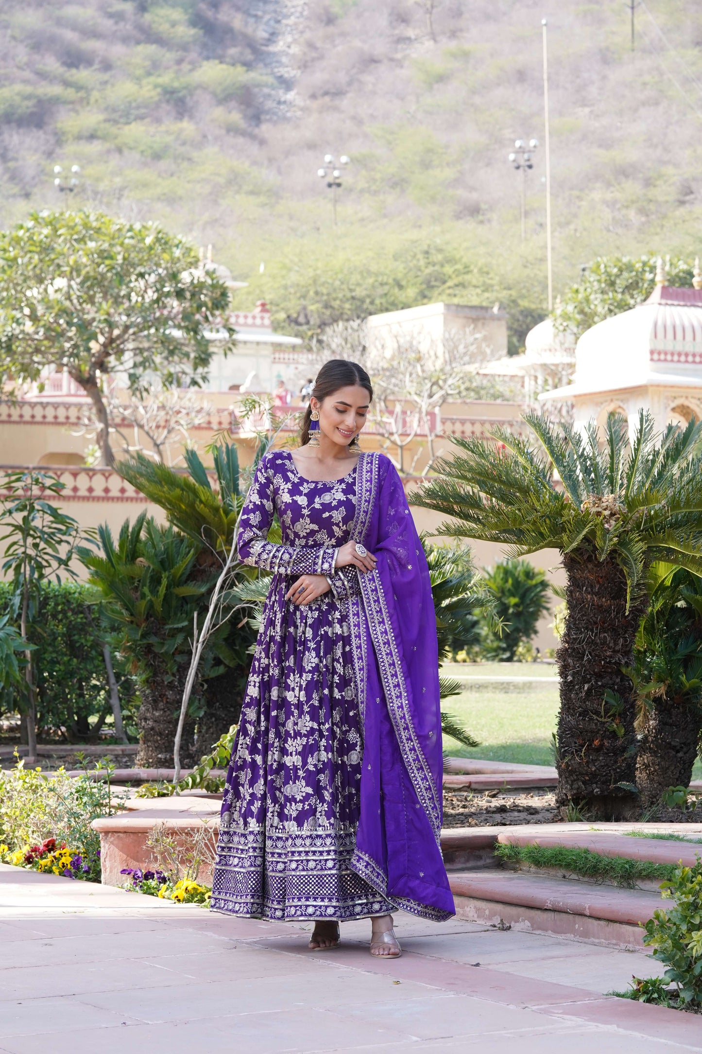 Purple Viscose Dyable Jacquard Gown with Russian Silk Sequined Dupatta  Elegant Party & Wedding Set