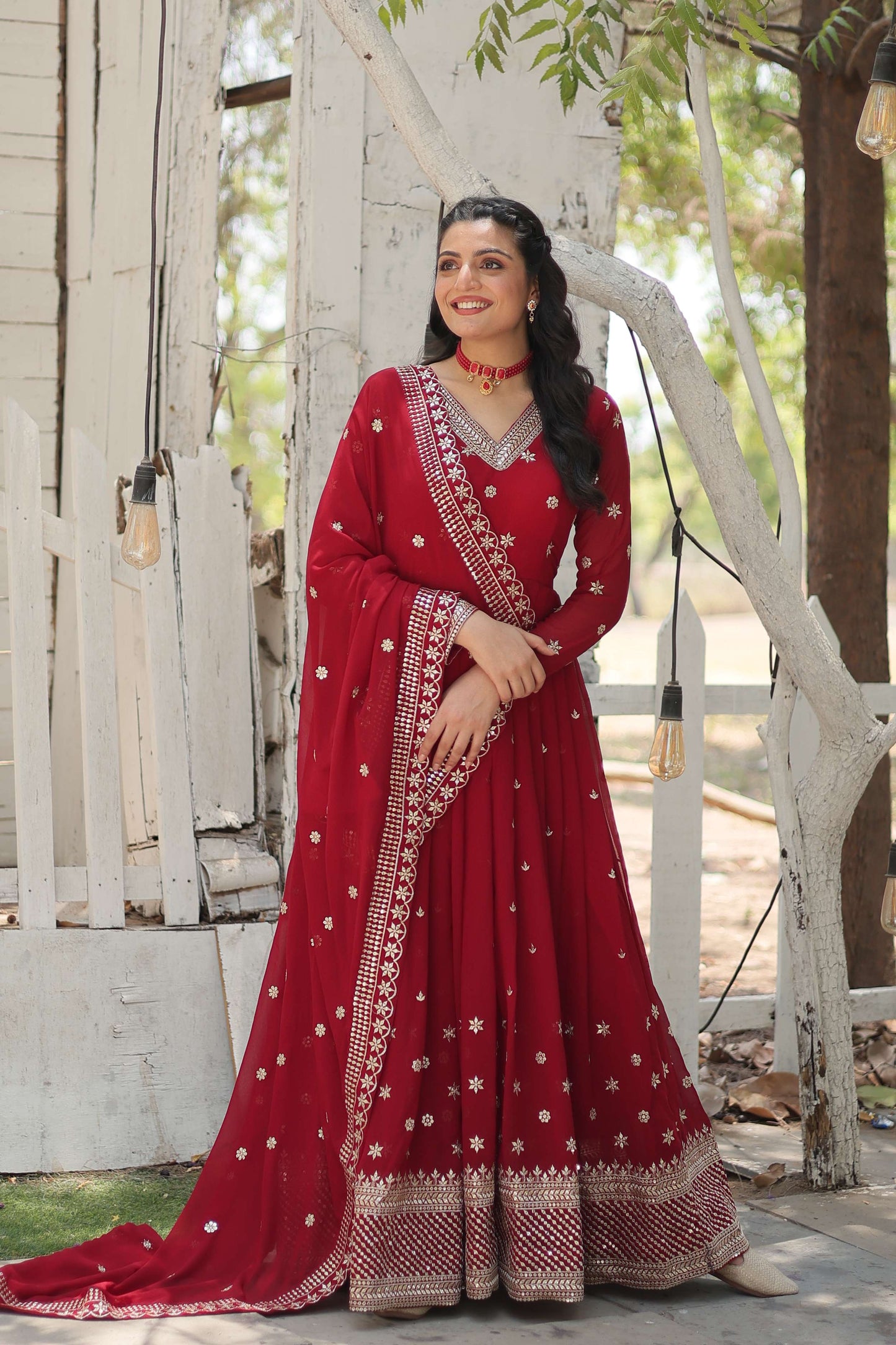 Maroon Designer Faux Blooming Anarkali Gown with Sequins Embroidered Dupatta  Wedding & Festive Wear