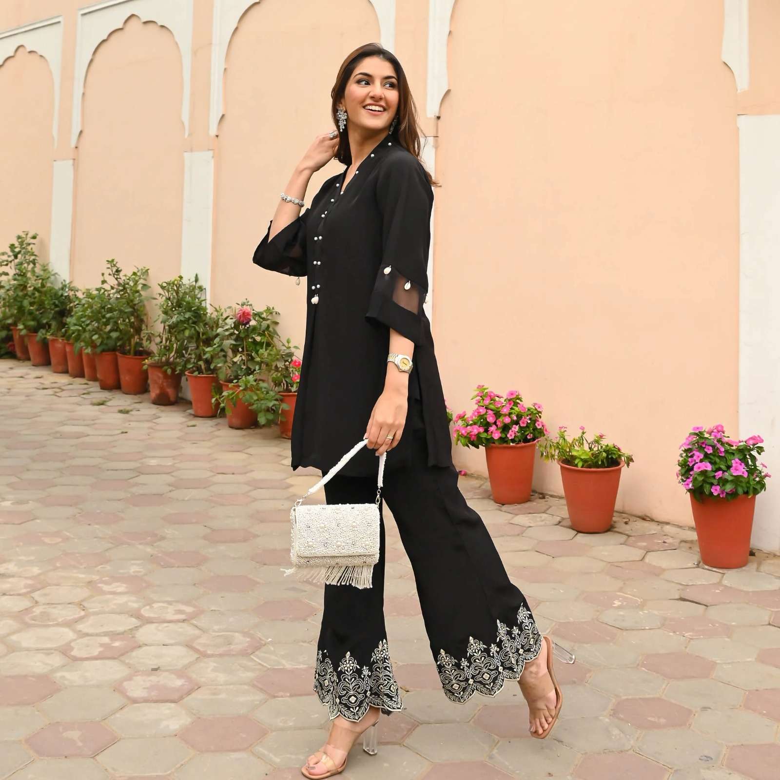 Women's Cotton Embroidered Co-Ord Set Elegant Summer Two-Piece Outfit ( Black)