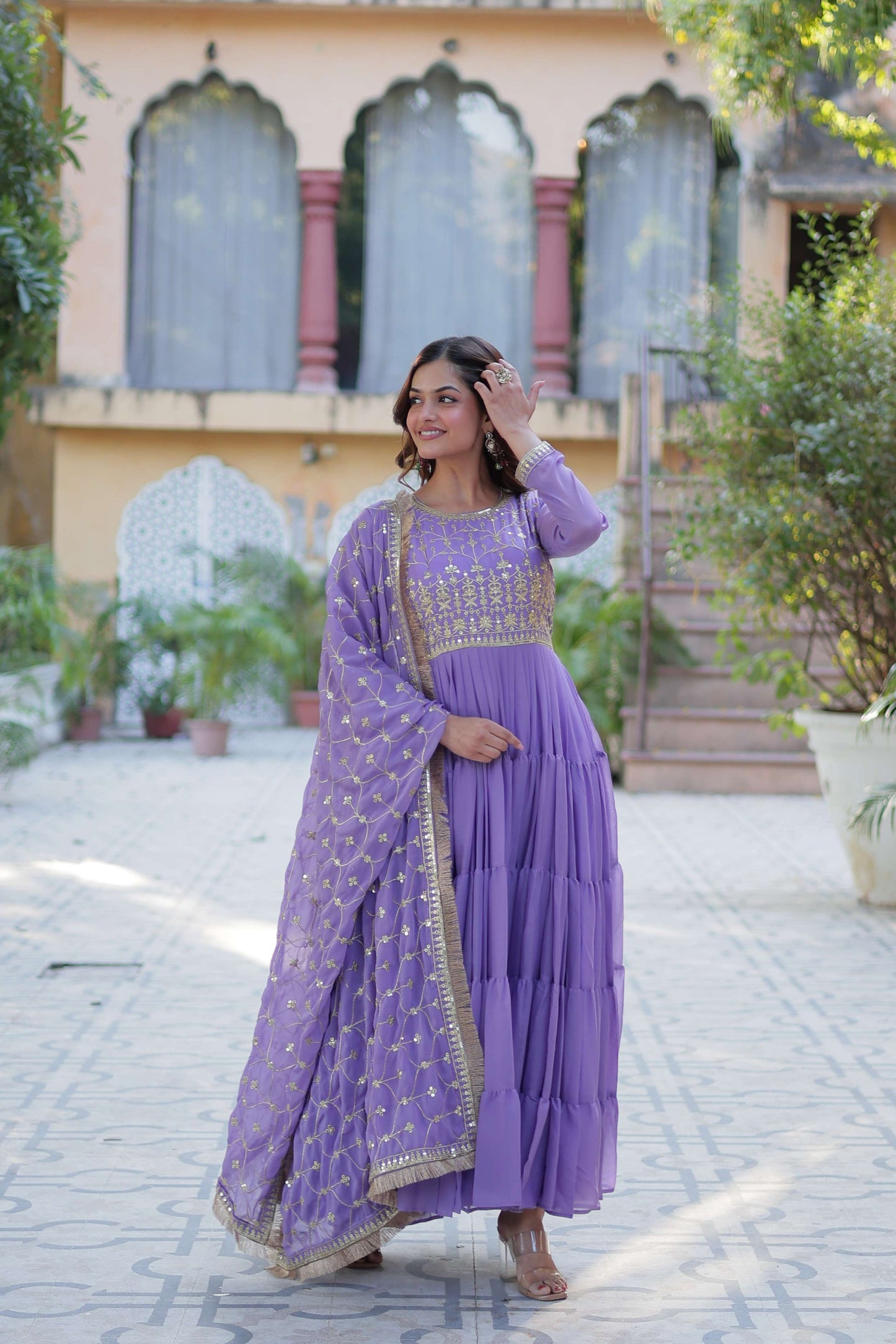 Purple Star Georgette Fully Flared Gown with Sequins Embroidered Dupatta & Lace Border