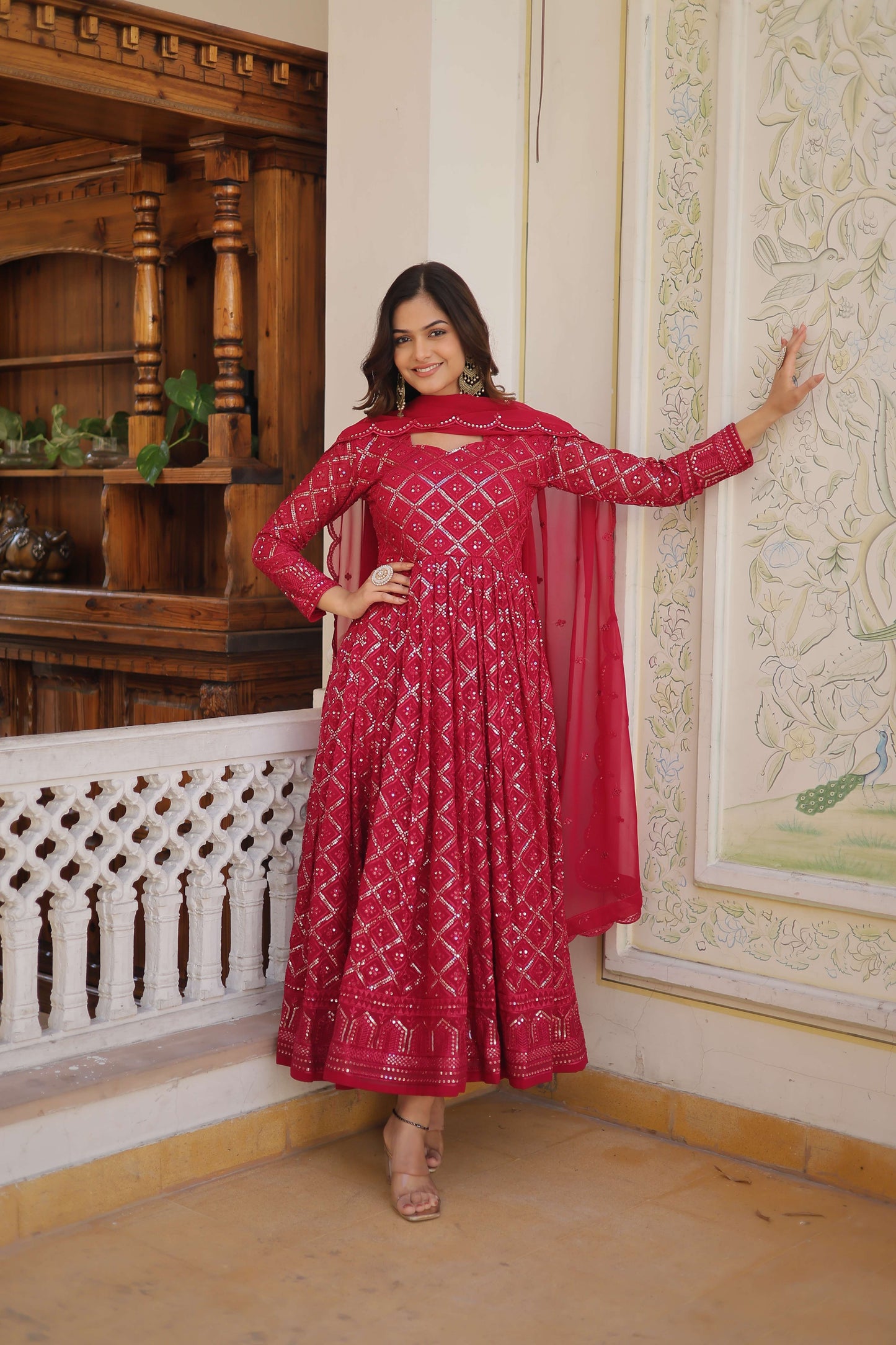 Rani Faux Blooming Designer Gown with Sequined Dupatta  Elegant Fully Flared Party & Wedding Set