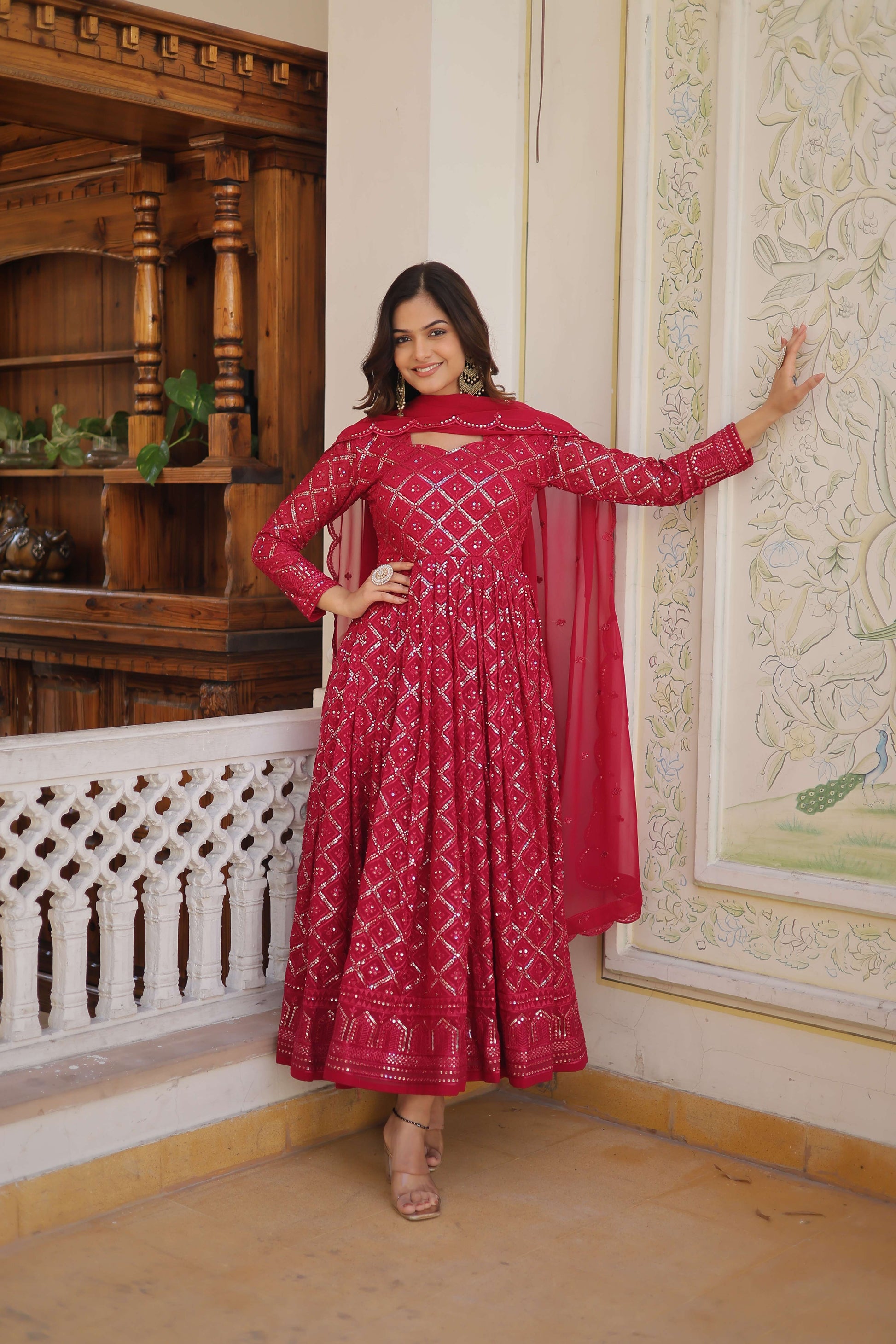 Rani Faux Blooming Designer Gown with Sequined Dupatta  Elegant Fully Flared Party & Wedding Set