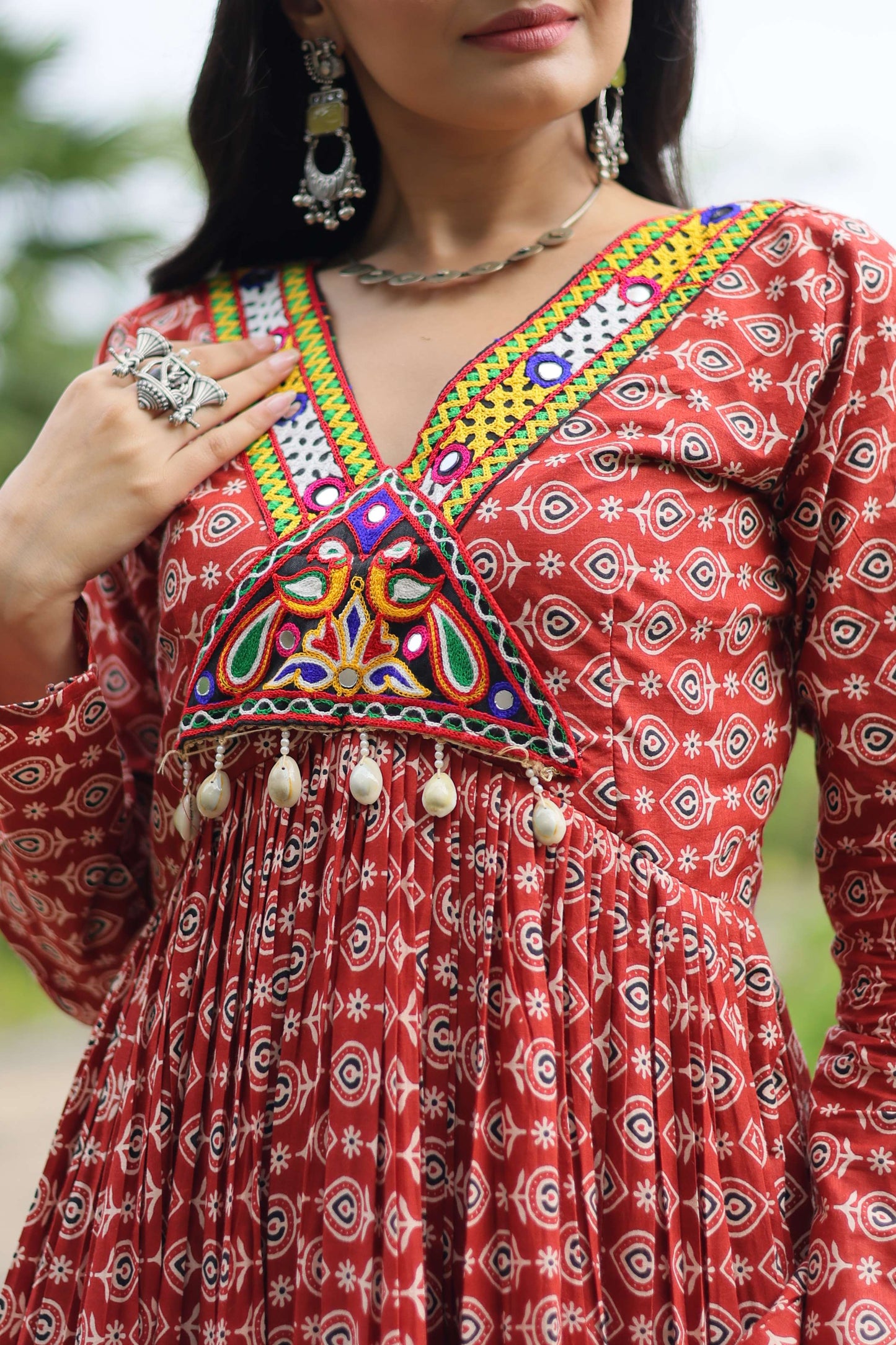 Maroon Designer Printed Cotton Gown with Kutchi Gamthi Lace & Kodi Work