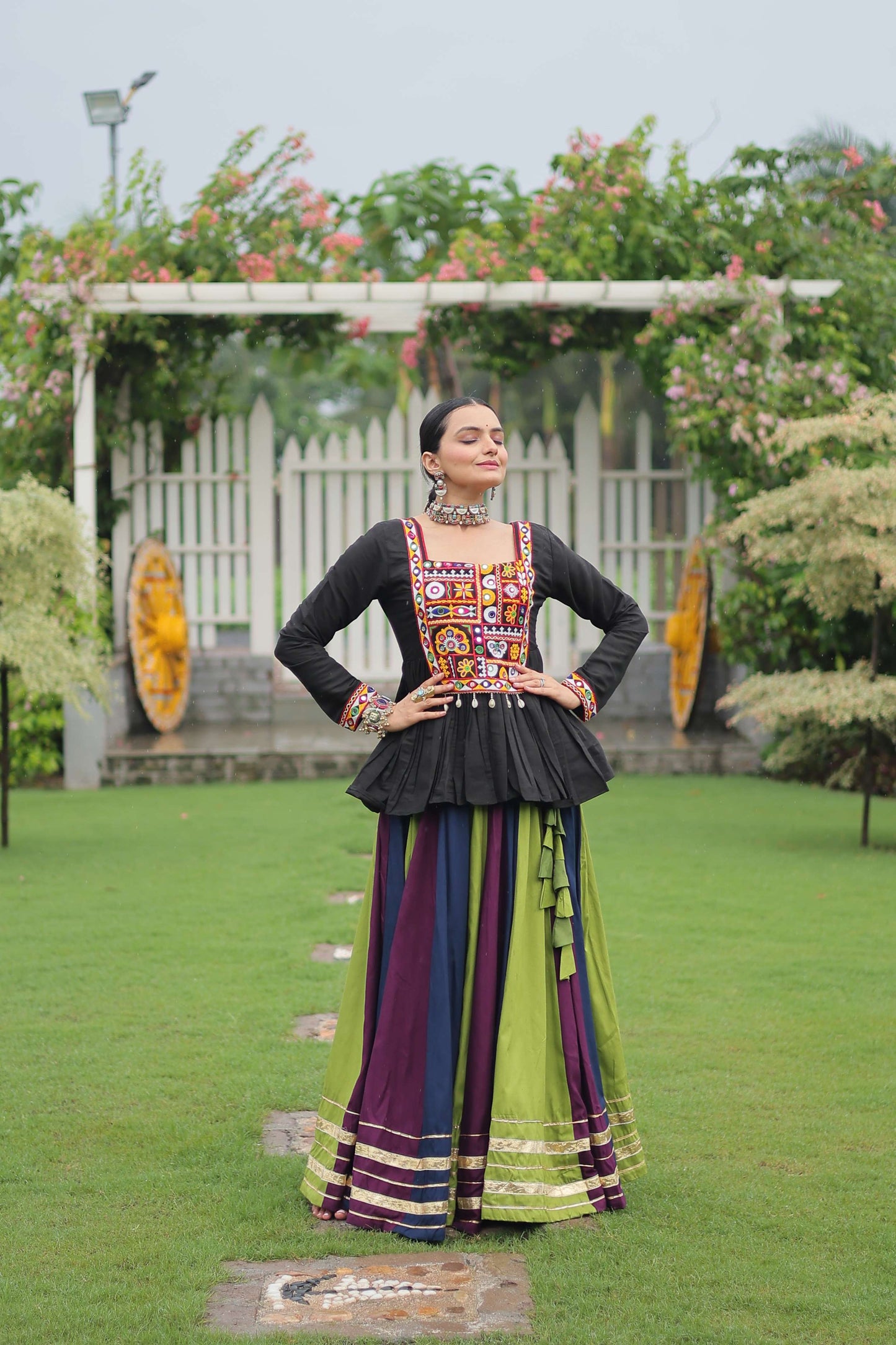 Multicolor Navratri Lehenga Choli Set with Black Peplum Top