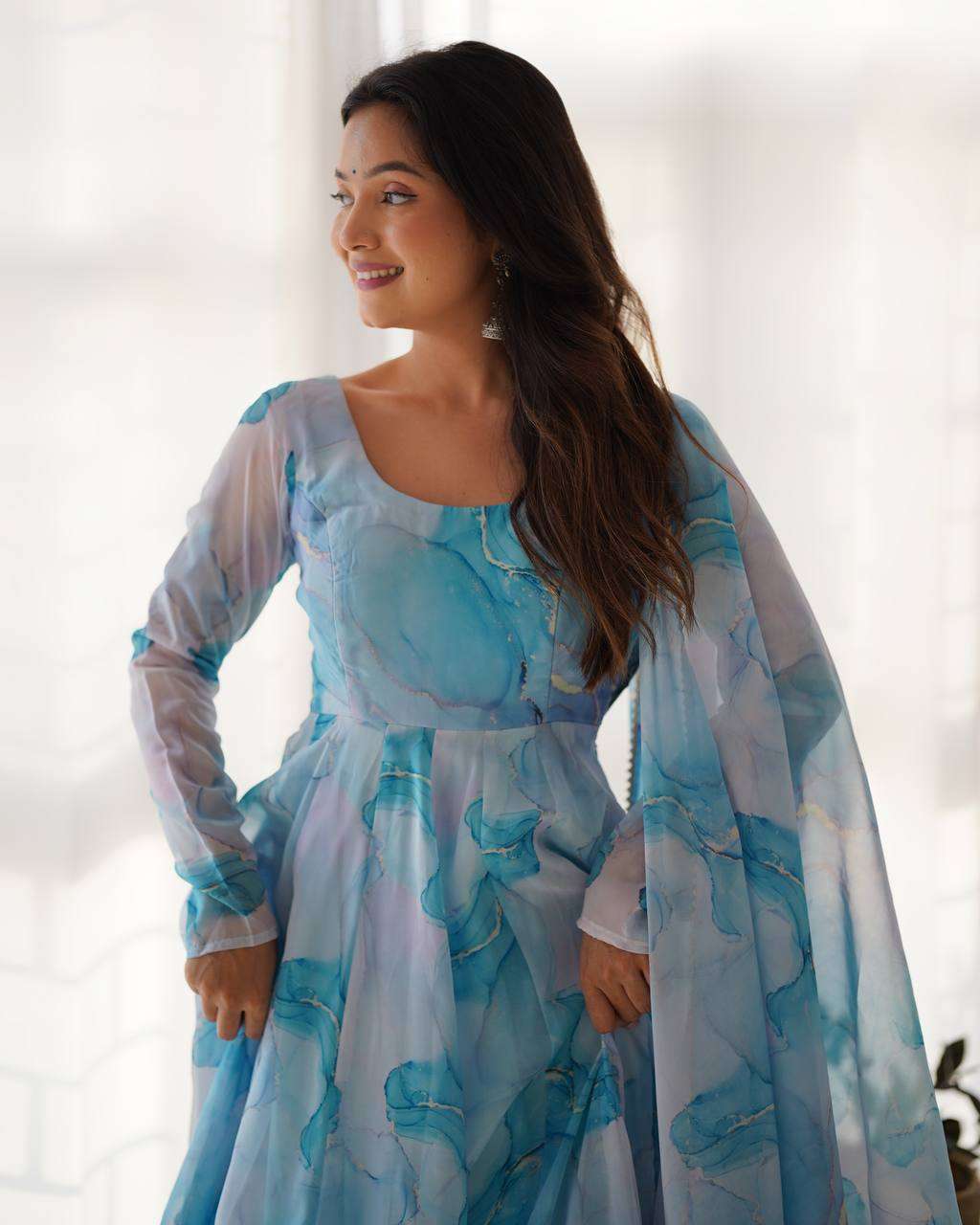 Womens Crunchy Silk Anarkali Kurti with Pant & Dupatta Set