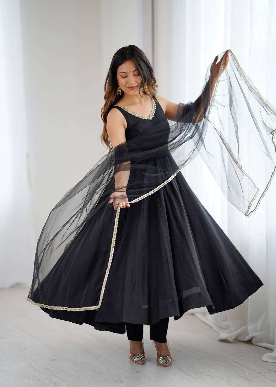 Womens Pure Romansilk Chanderi Anarkali Kurti with Pant & Dupatta Set