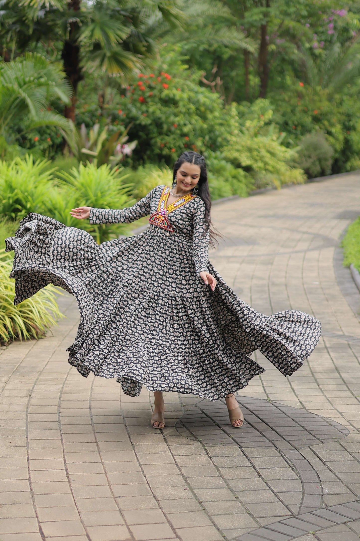 Black Designer Printed Cotton Gown with Kutchi Gamthi Lace & Kodi Work
