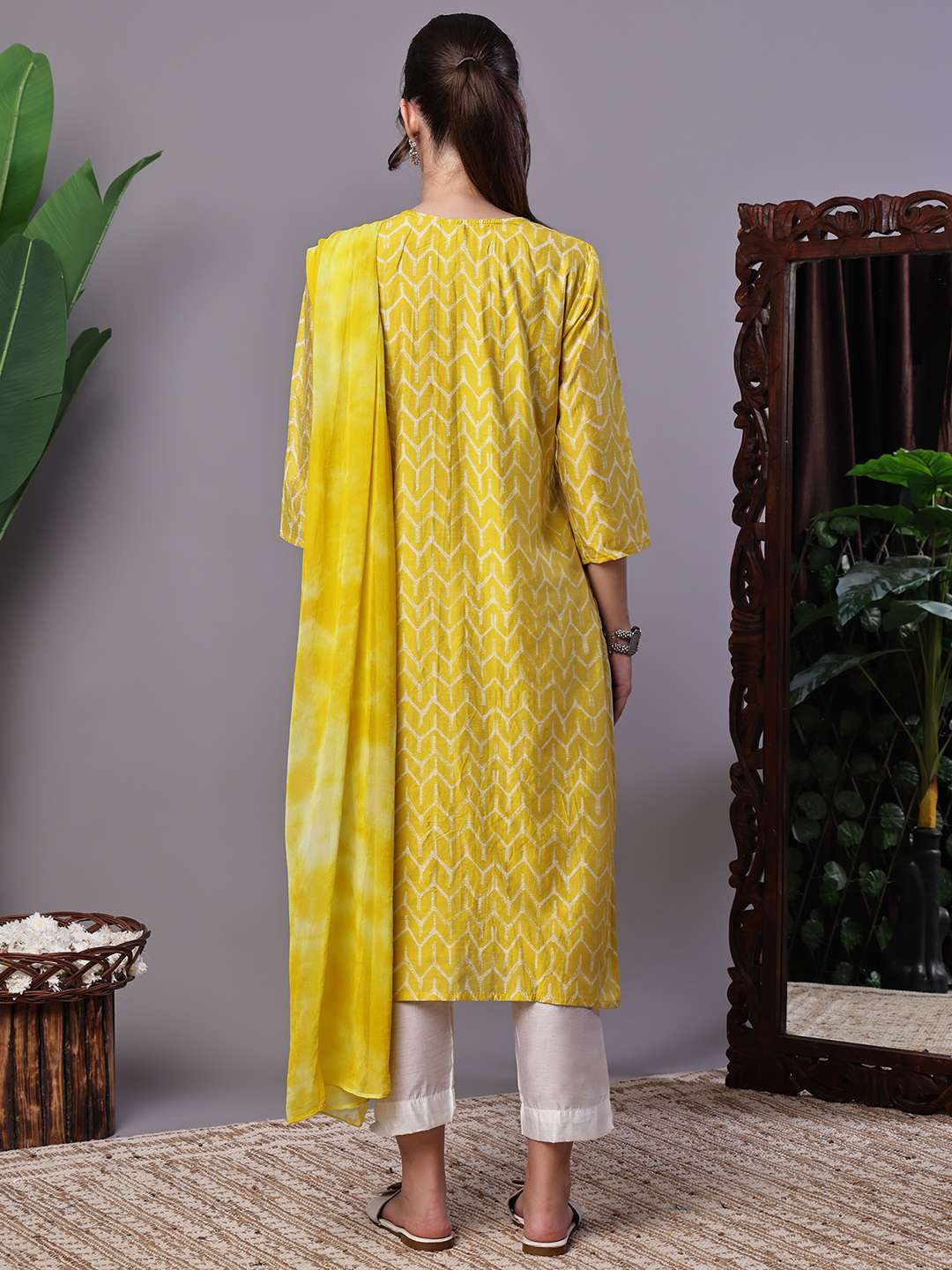 Women's Mustard Yellow Chevron Print Chanderi Kurta Set with Mirror Work Suit Sets