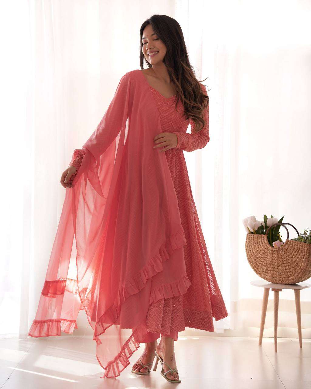 Womens Pure Romansilk Chanderi Embroidered Anarkali Kurti With Dupatta & Pant Set