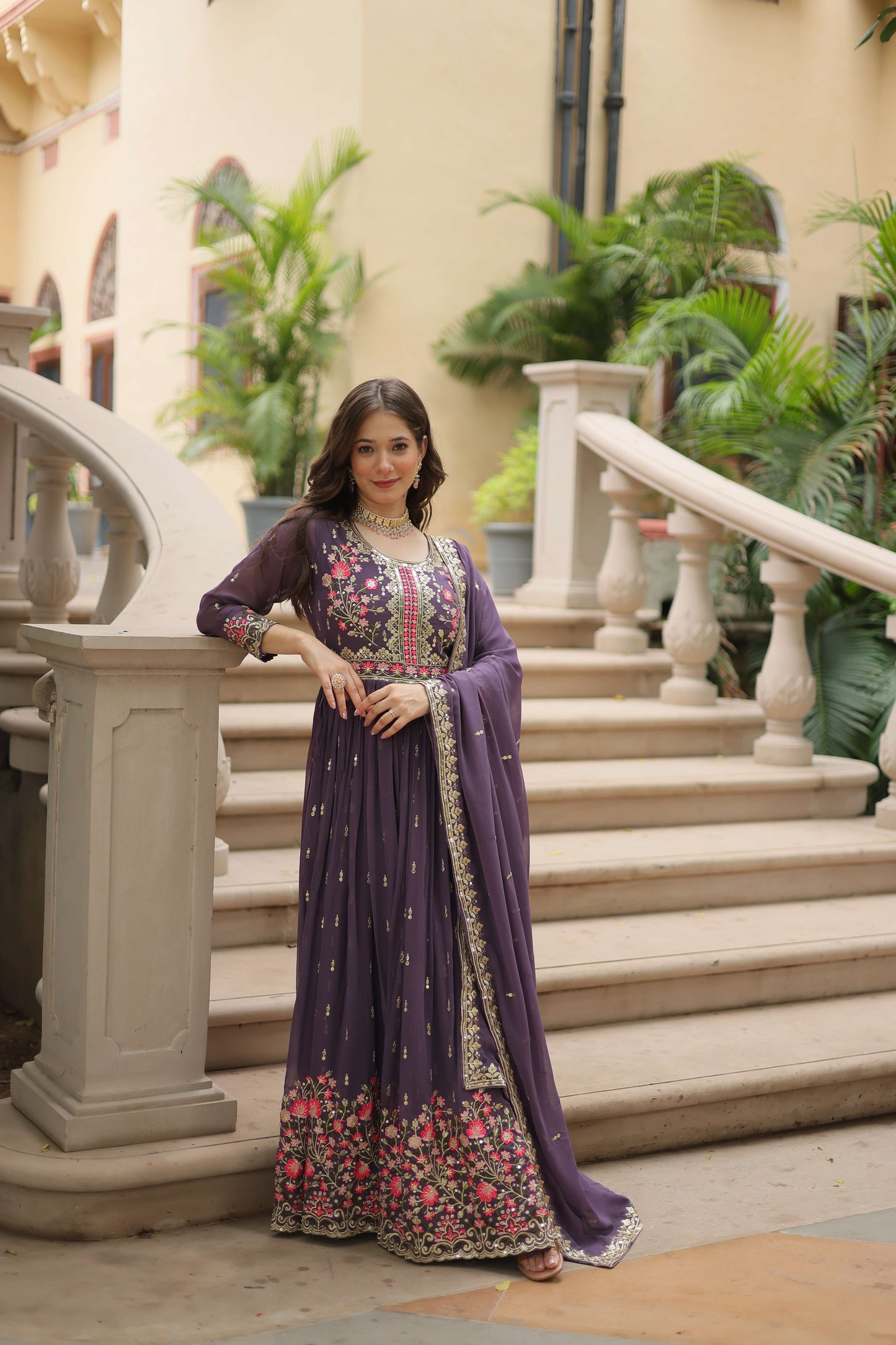 Onion Faux Georgette Sequins Embroidered Kurti with Sharara & Dupatta Set