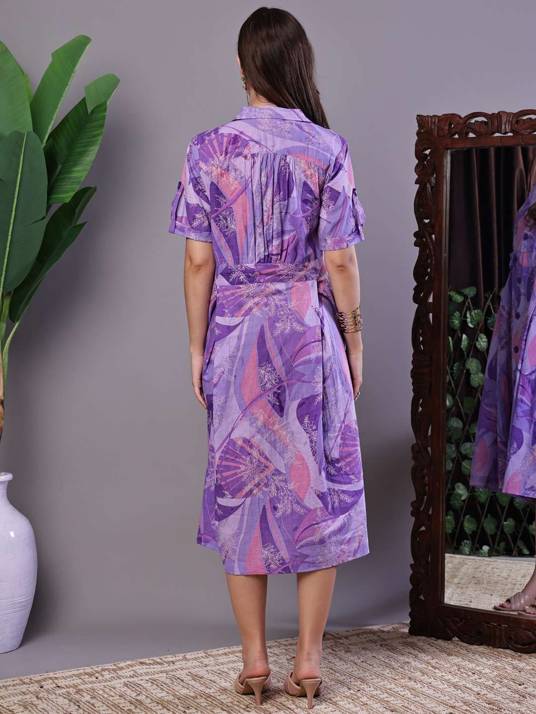 Women's Purple Abstract Print Cotton Shirt Dress