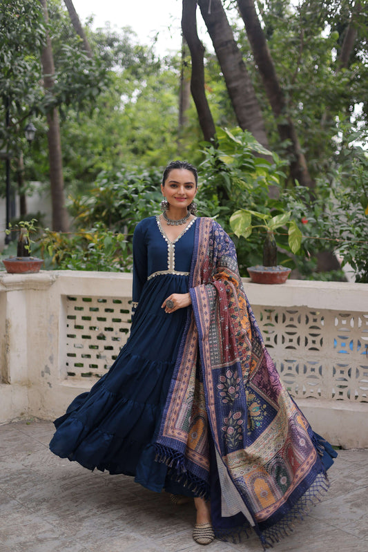 Blue Gown with Dupatta – Frill Stitching & Mirror Lace Work Ethnic Set for Women