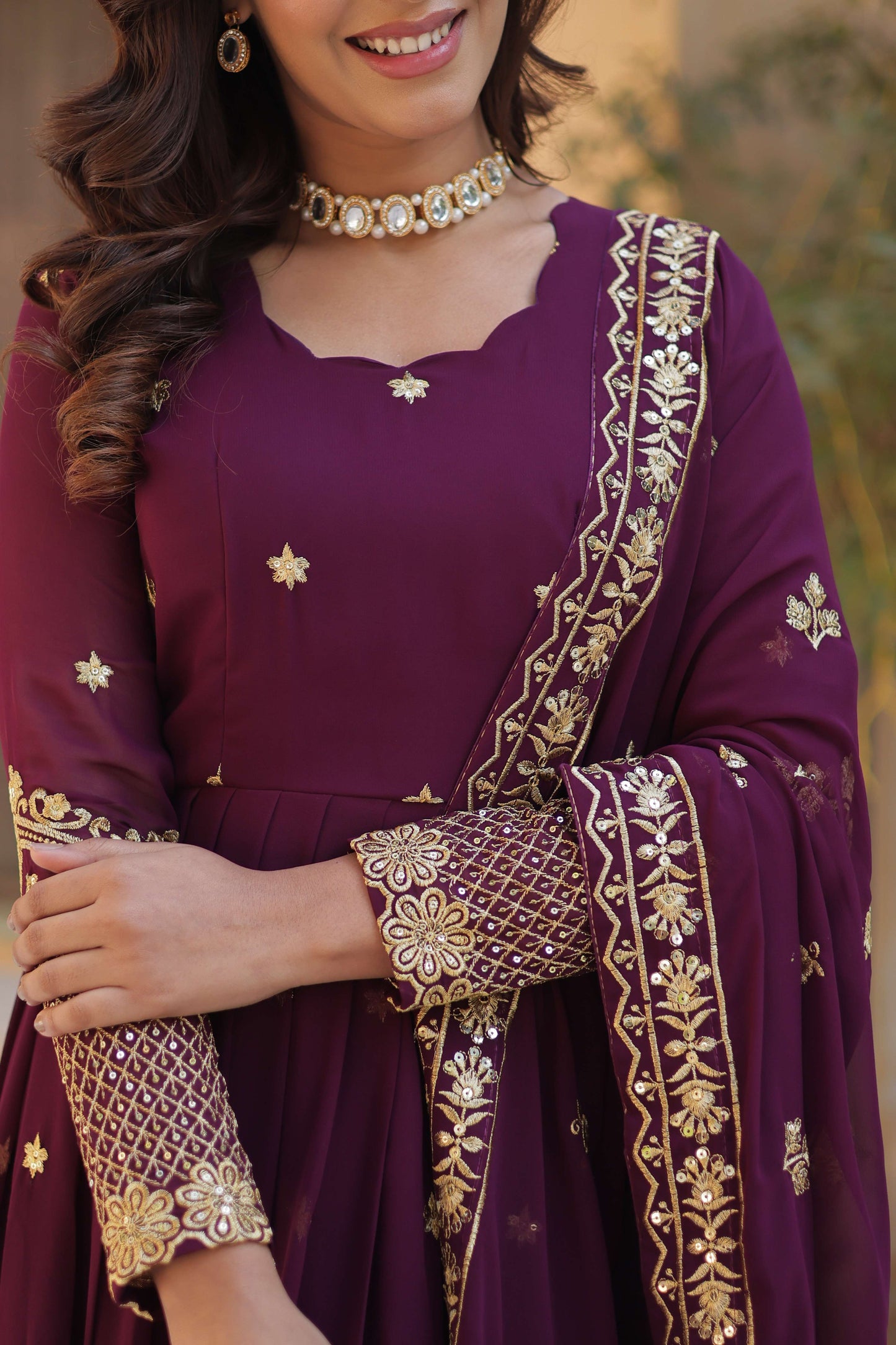 Wine Faux Blooming Georgette Designer Gown with Zari & Sequins Embroidered Dupatta