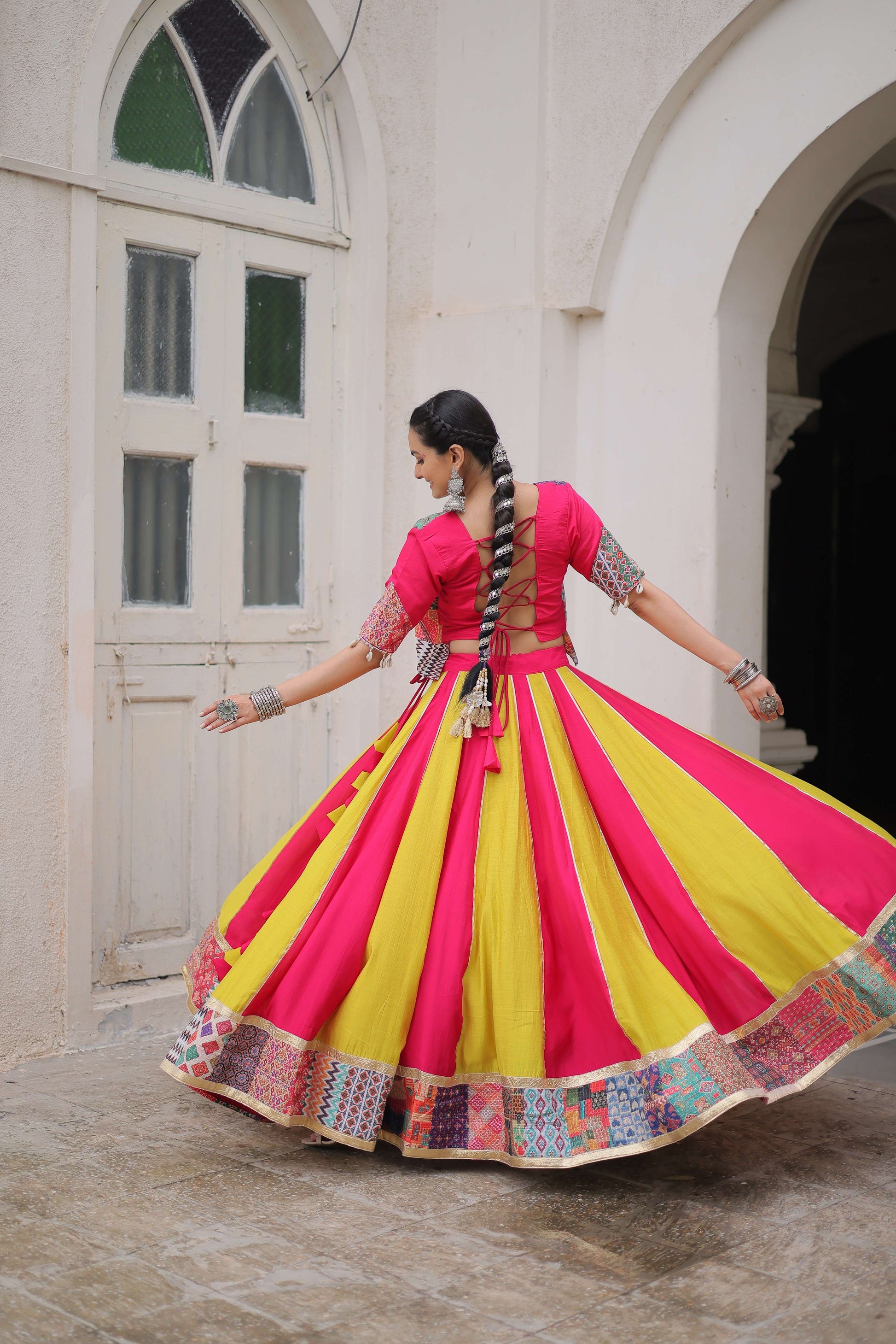 Roman Fabric Maslin Crochet Navratri Lehenga Choli Set